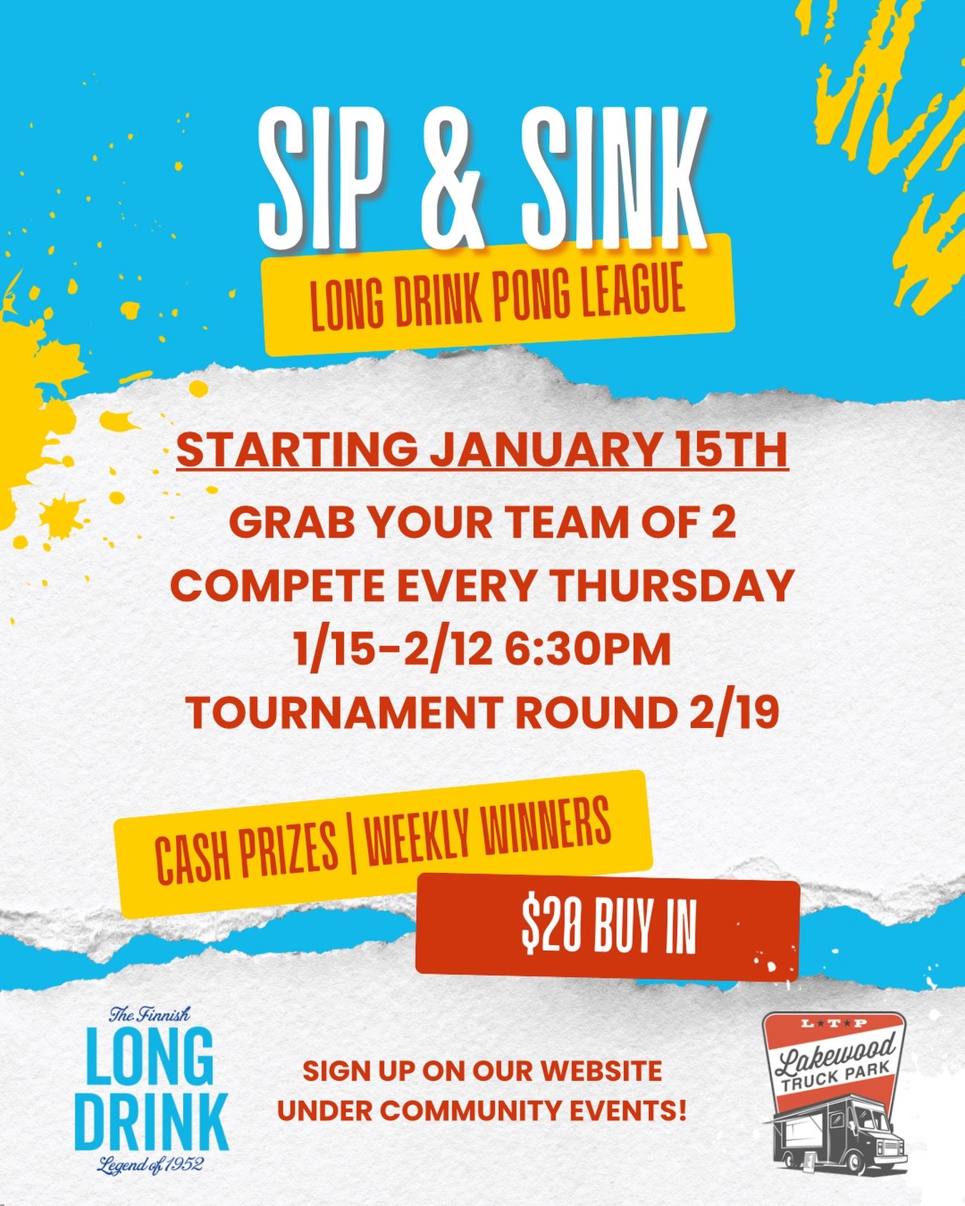 Grab a partner and get ready for some friendly competition!🍻
LIMITED TEAMS AVAILABLE RESERVE YOUR SPOT SOON
Join the Lakewood Truck Park Pong League, running every Thursday from January 15th through February 12th, with the action wrapping up in a To