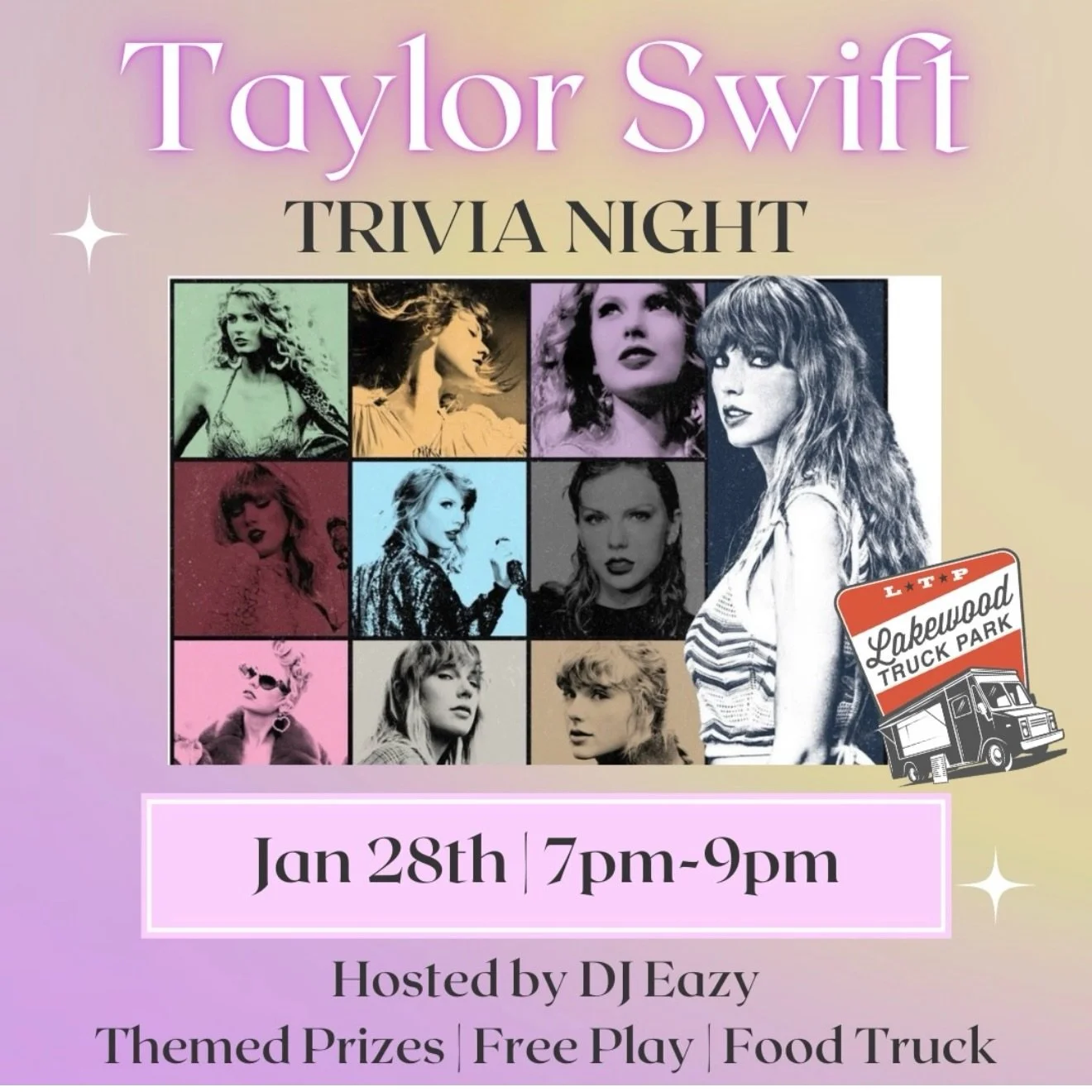 ✨🎤 Taylor Swift Trivia Night 🎤✨
Are you ready for it? Join us January 28th from 7&ndash;9PM for a night dedicated to all eras of Taylor Swift! Test your Swiftie knowledge from debut to TTPD during this FREE to play trivia night, hosted by DJ Eazy. 