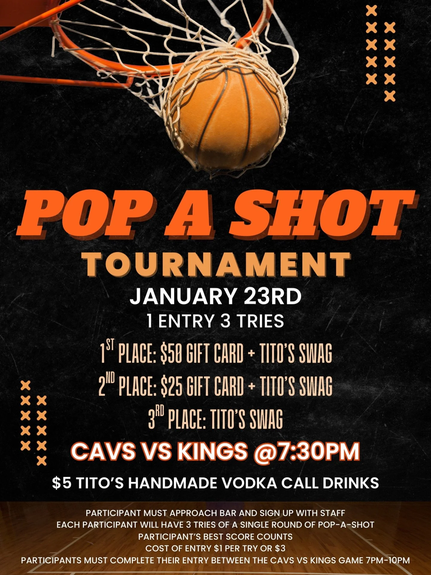 Come watch the Cavs vs Kings tonight!
Pop a shot tournament 7pm-10pm
Come compete for prizes🏀🎉