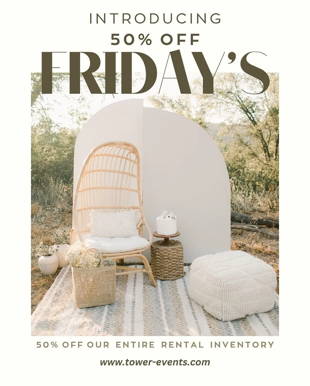 If this is your vibe.. we want to be friends😉
✨ Introducing 50% Off Fridays ✨
 Every Friday, from 7 AM&ndash;4 PM, we&rsquo;re offering half off our entire rental inventory for the following weekend&rsquo;s events!! 
Think chairs, bars, tables, glas