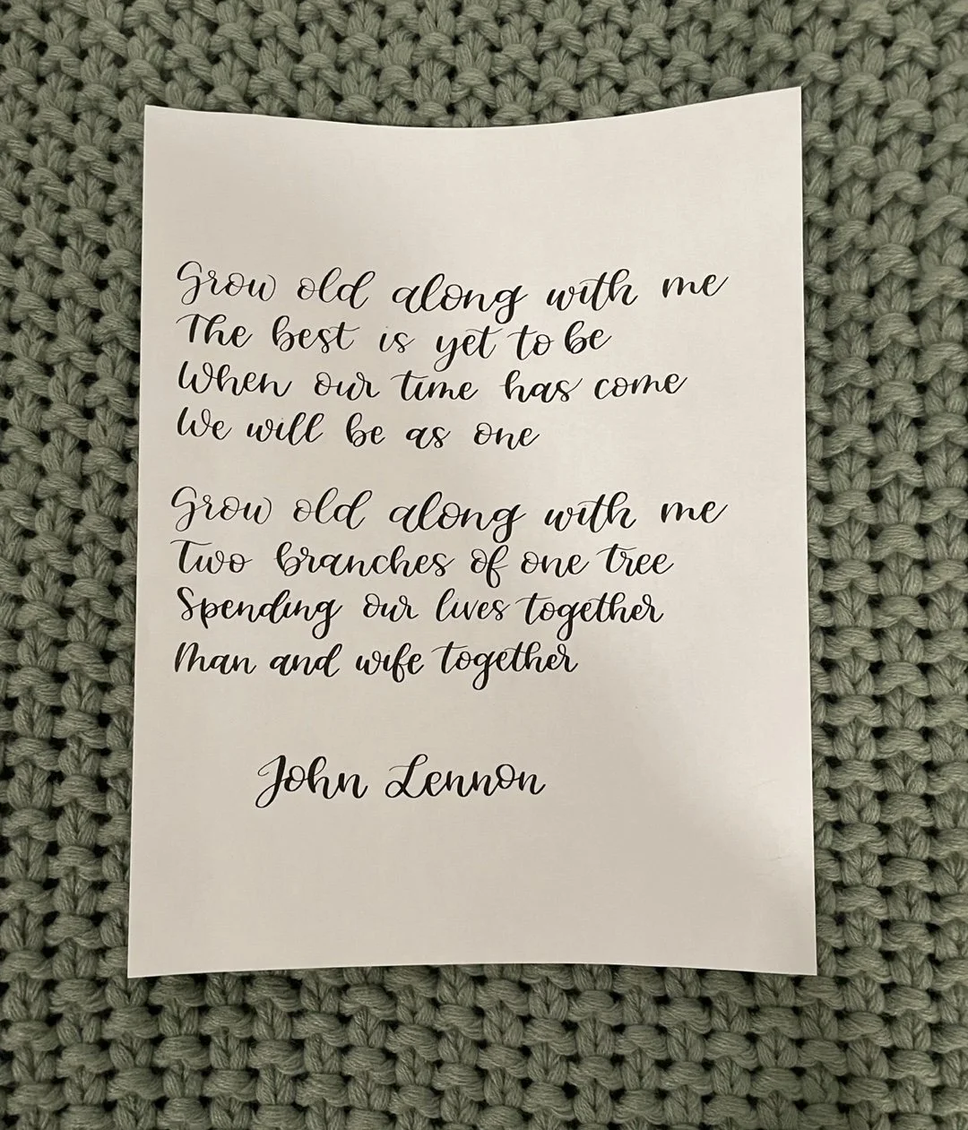 Handlettered lyrics in modern calligraphy style for New Jersey bride