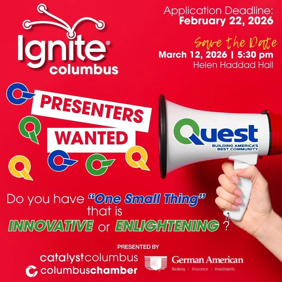 Presenters will compete for cash prizes, including 𝗠𝗼𝘀𝘁 𝗜𝗺𝗽𝗮𝗰𝘁𝗳𝘂𝗹, 𝗠𝗼𝘀𝘁 𝗘𝗻𝗹𝗶𝗴𝗵𝘁𝗲𝗻𝗶𝗻𝗴, and a 𝗣𝗲𝗼𝗽𝗹𝗲&rsquo;𝘀 𝗖𝗵𝗼𝗶𝗰𝗲 𝗔𝘄𝗮𝗿𝗱 &mdash; all centered on the theme 𝙊𝙣𝙚 𝙎𝙢𝙖𝙡𝙡 𝙏𝙝𝙞𝙣𝙜, @questcolumbus.

Ap