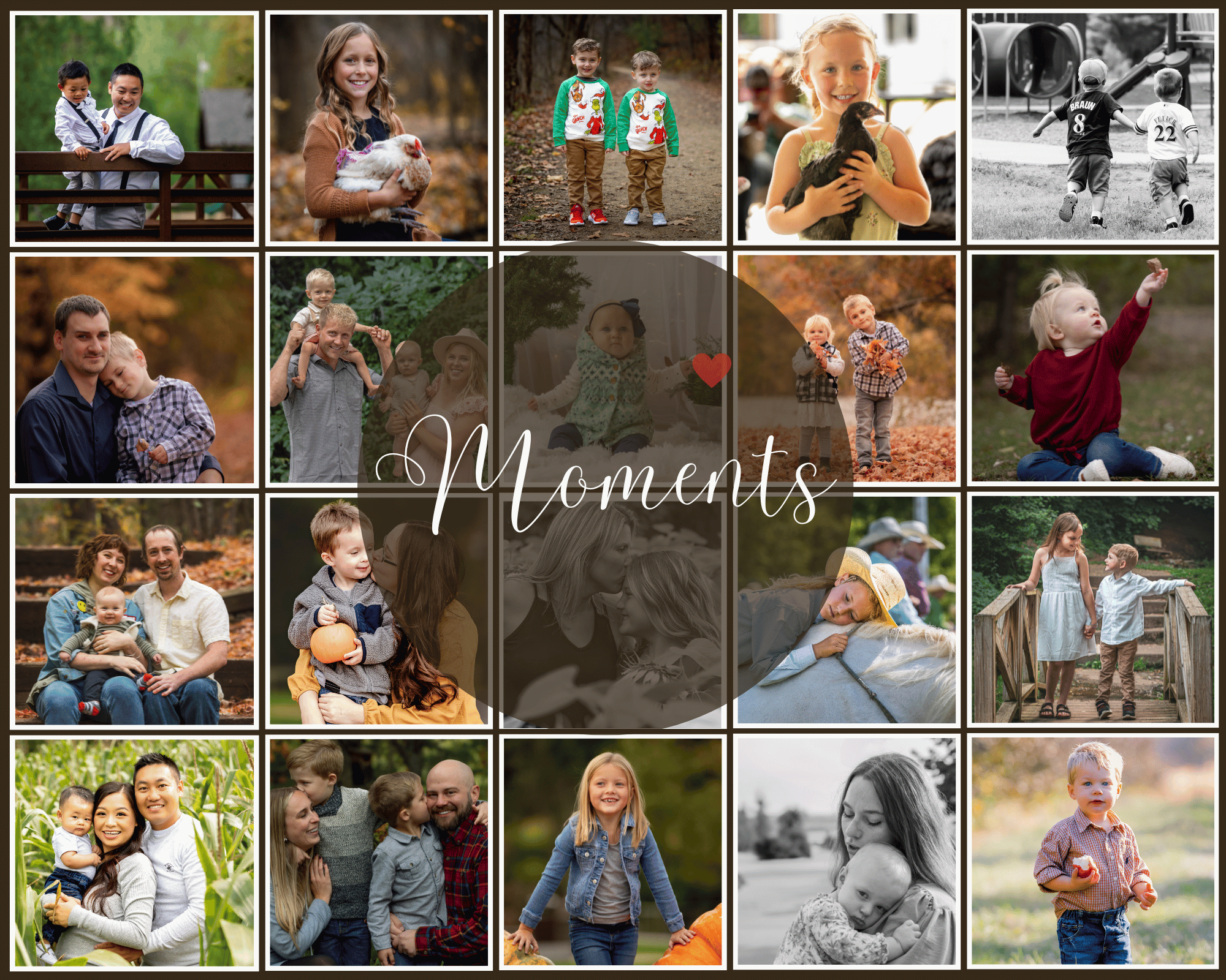 Collage of various family and children’s moments outdoors in fall, with a central overlay text "Moments".