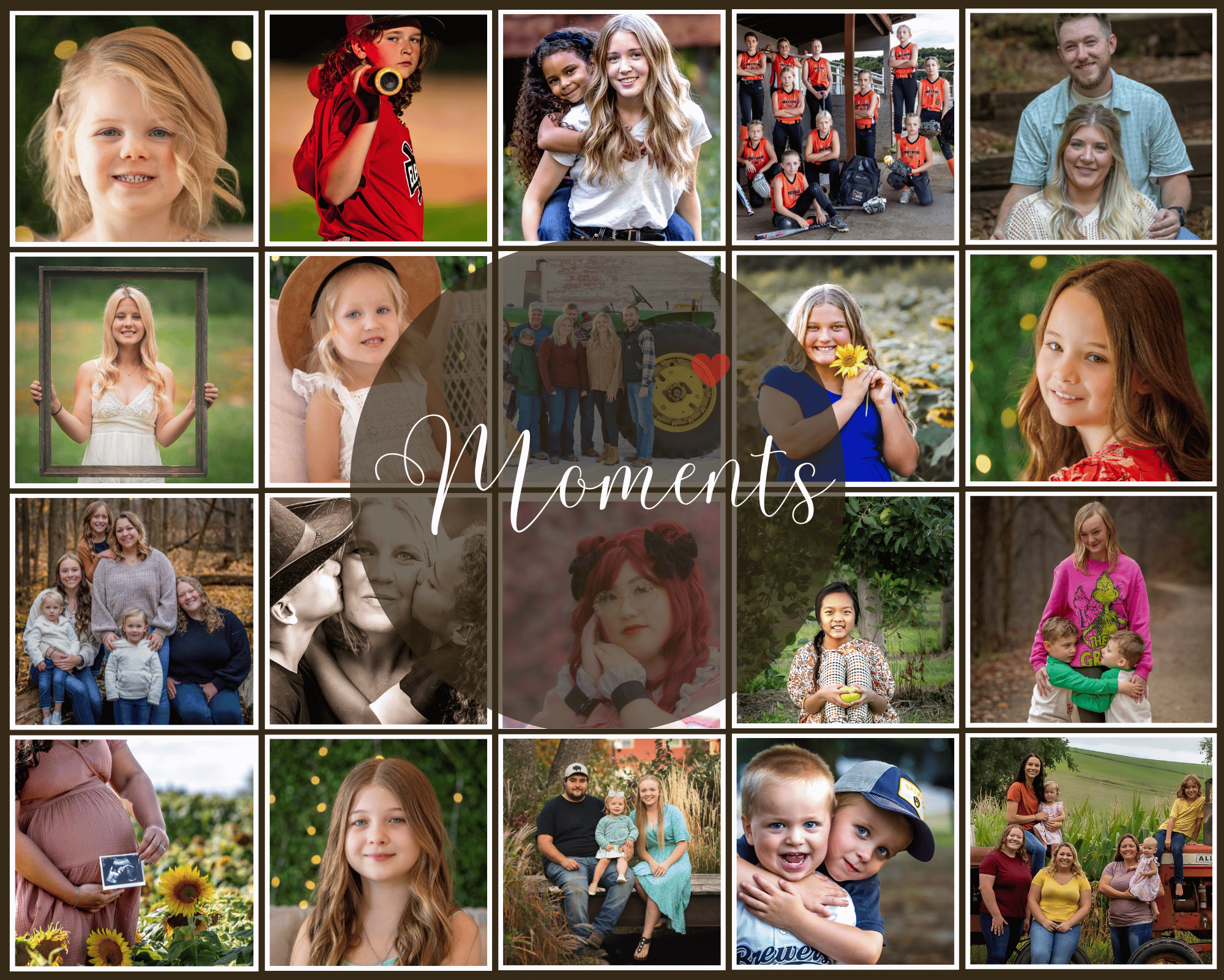 Collage of 15 family and children photos with the word 'Moments' in the center.