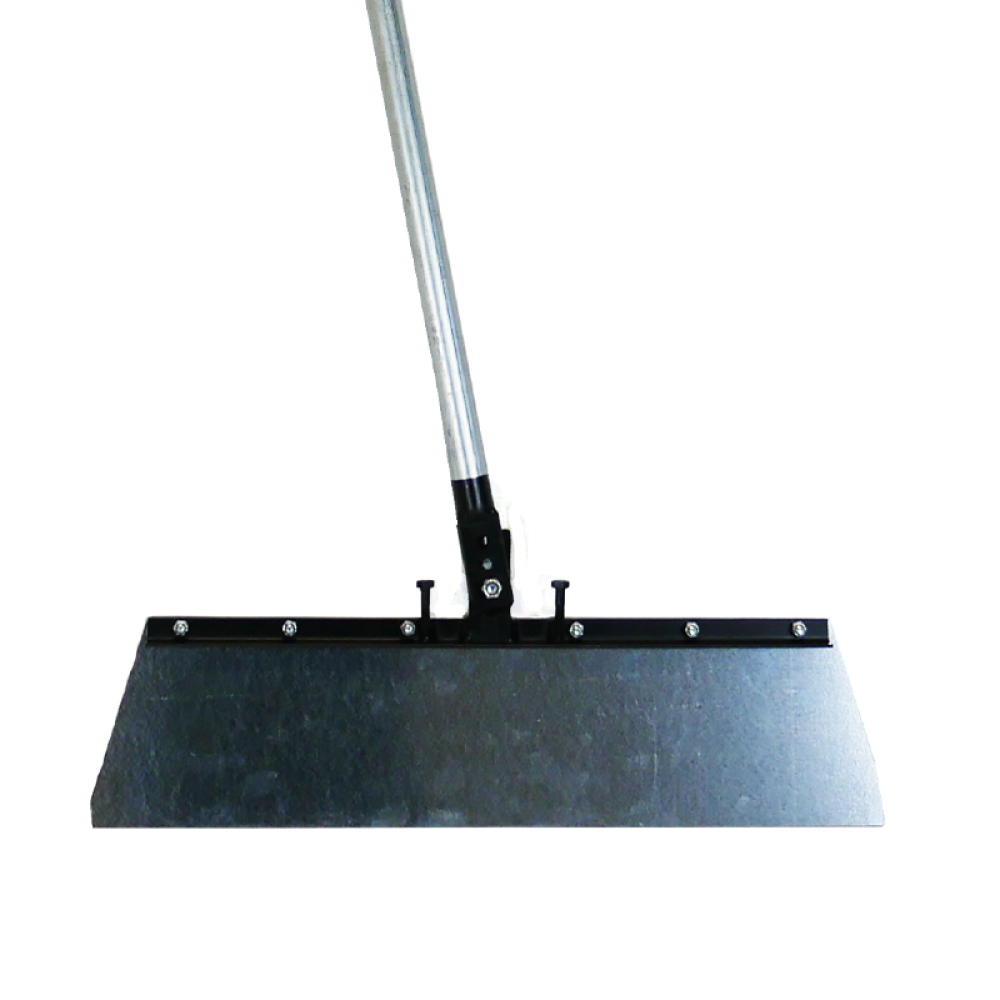 A flat-blade roofing tool with a long handle, used for removing or smoothing surfaces.