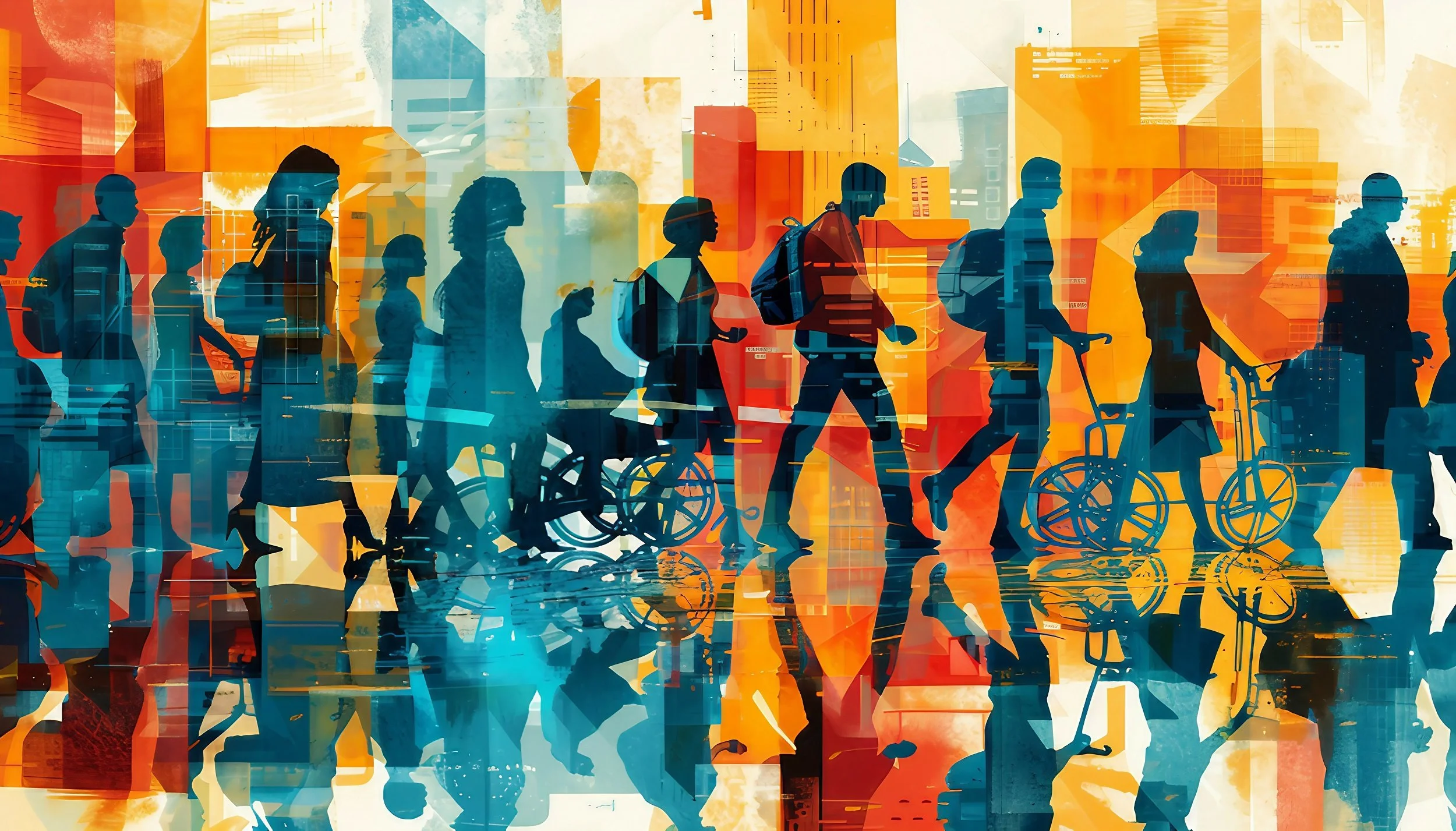 Abstract urban scene with silhouette of diverse people walking, including a person in a wheelchair and a person with a bicycle, against a colorful geometric background.