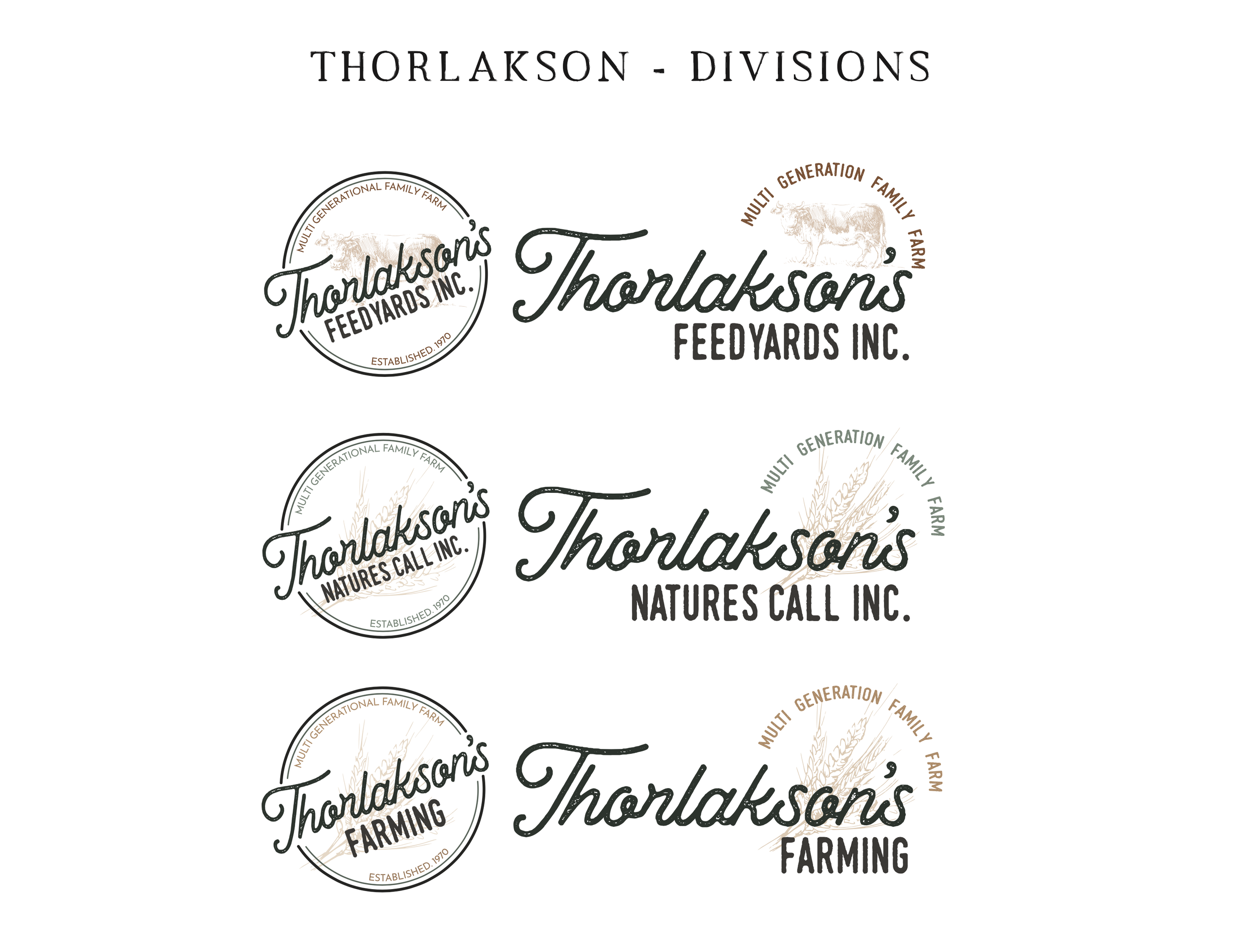 Designs of three logos for Thorlakson's FeedYards Inc., each with different themes: family farm, nature call, and farming, featuring text, a cow, wheat, and farm-related imagery.