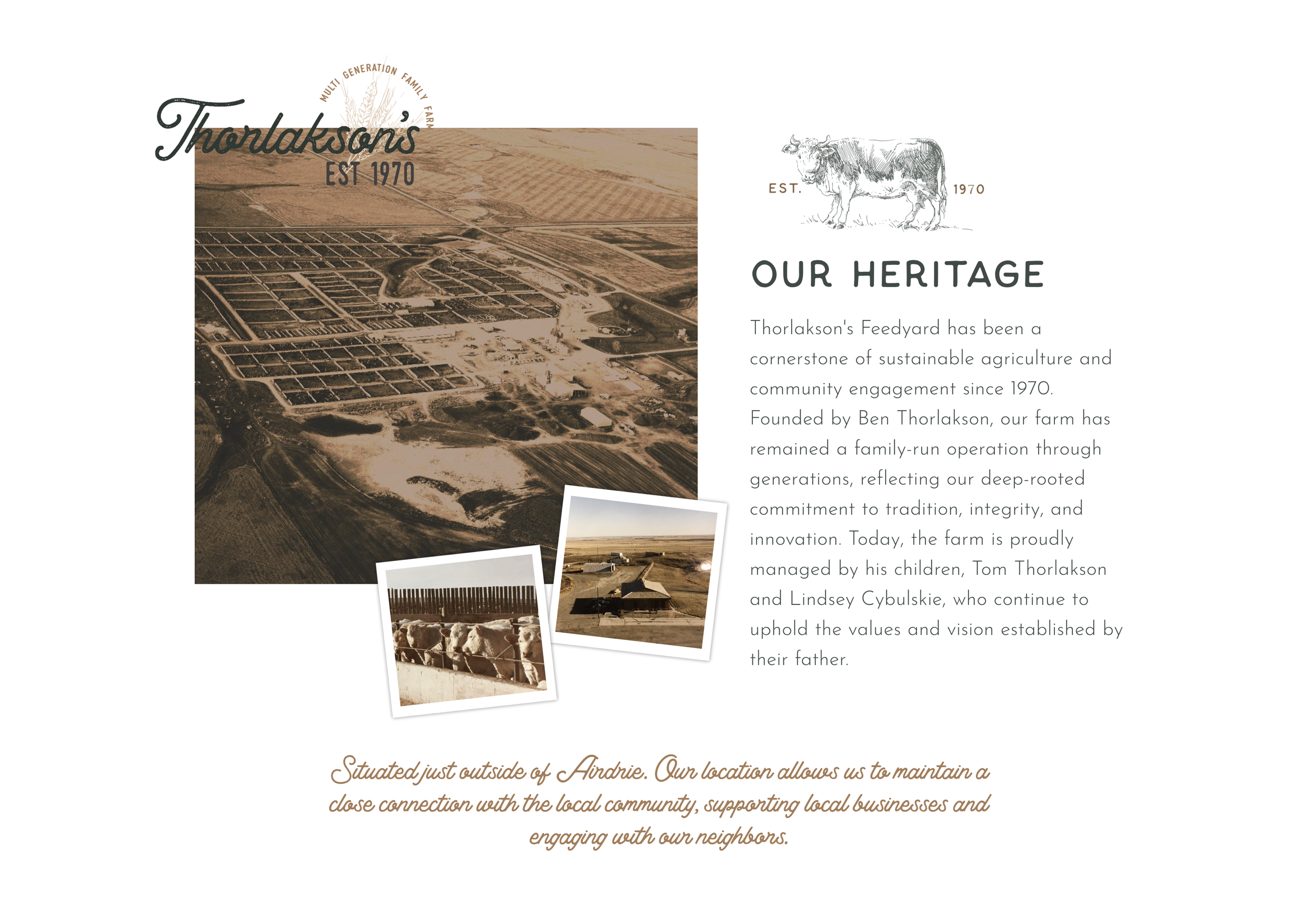 Page from Thorlakson's farm website with images of farm aerial view, cattle, and farm buildings, and text describing the farm's heritage and community involvement.
