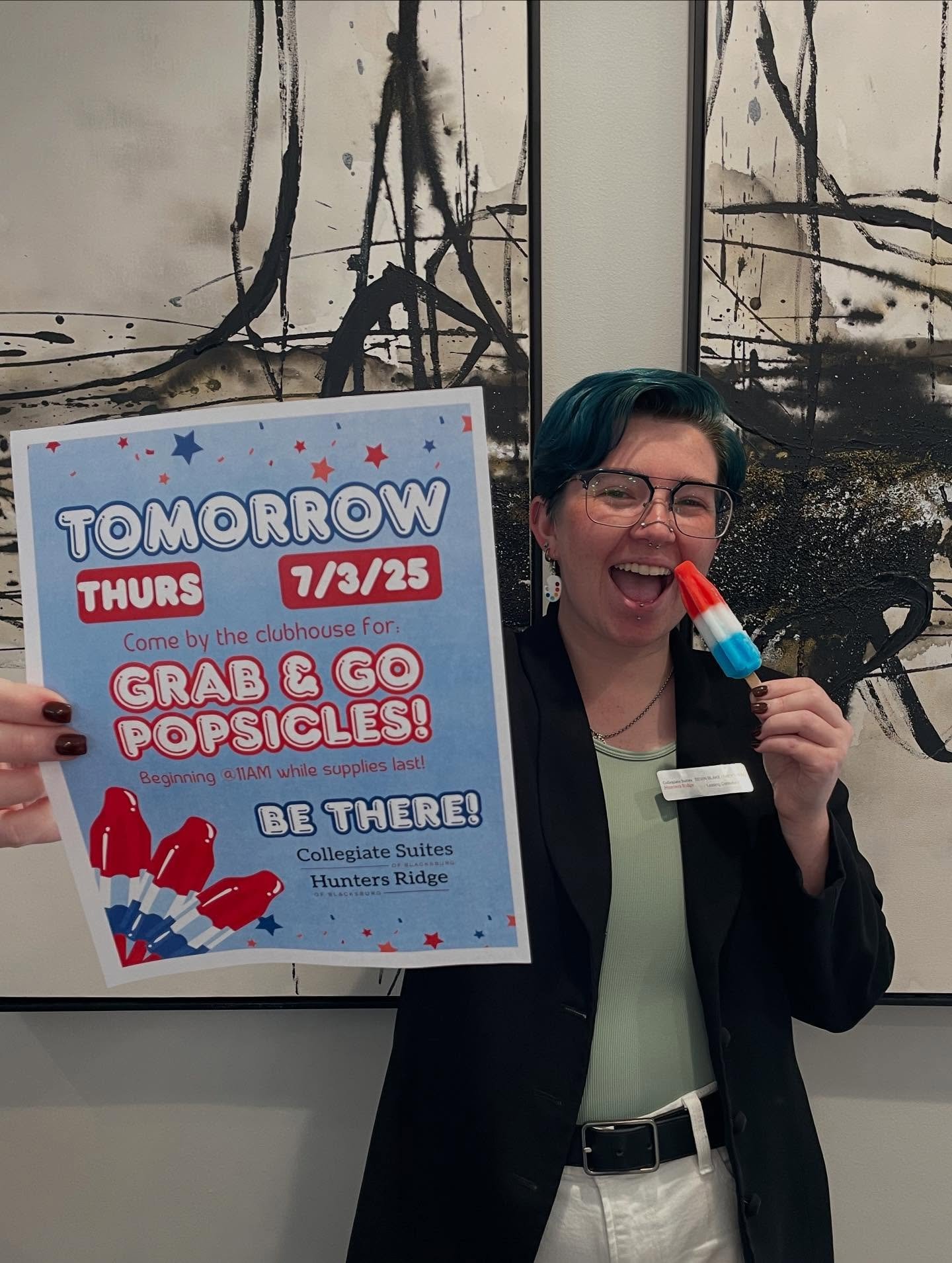 Grab &amp; go popsicles: TOMORROW🚀

We have popsicles available for you in the clubhouse freezer starting at 11am! Bring a friend and beat the heat with a treat😎☀️ 
*While supplies last!

#ThisMustBeThePlace #VT #Hokies #Housing #StudentHousing #Bl