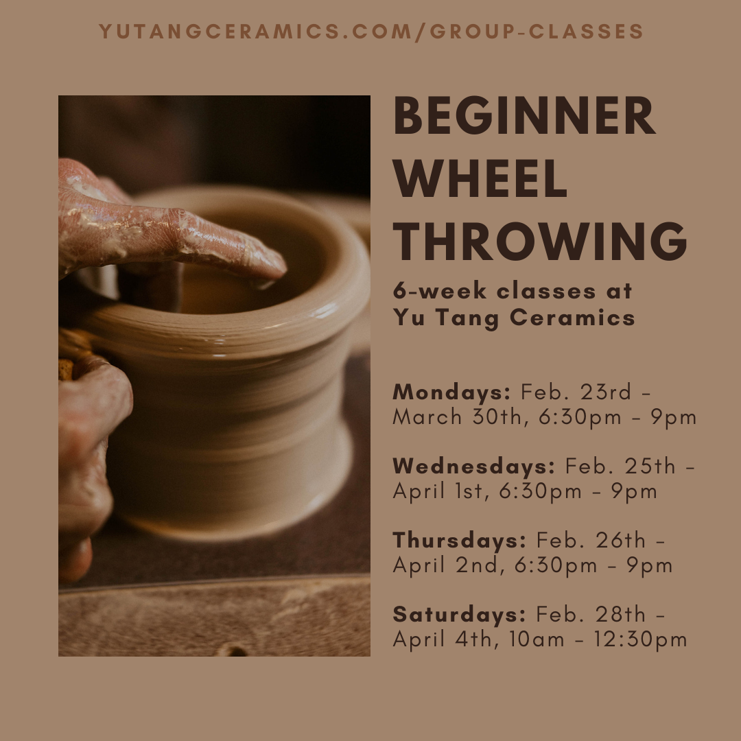 flyer for beginner pottery class showing clay on the wheel and class schedule