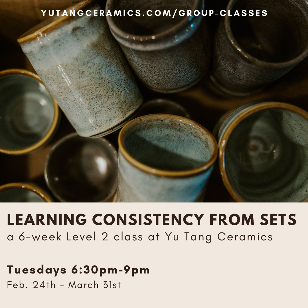 flyer for Level 2 ceramics class showing a set of matching handmade cups