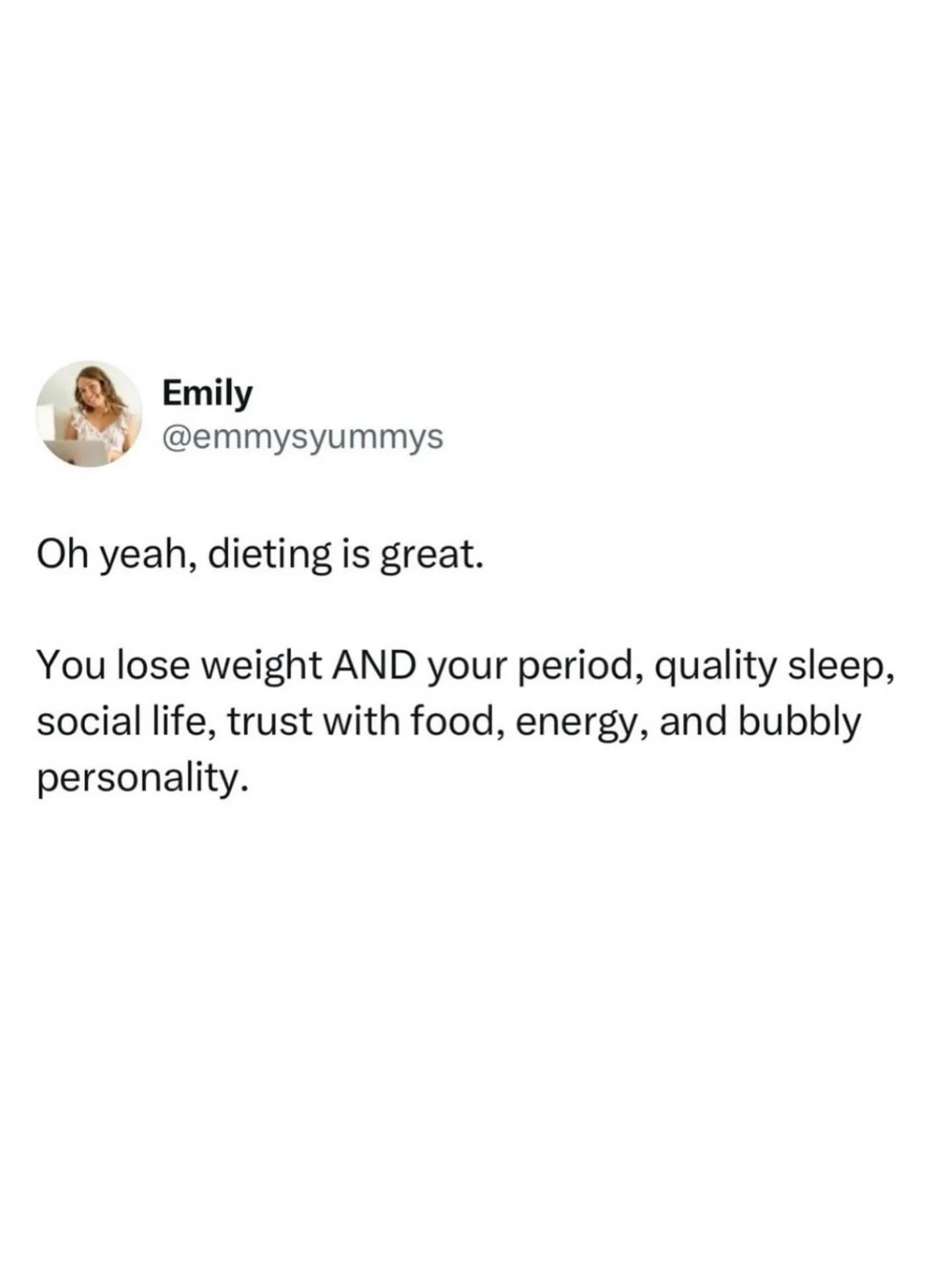 The side effects of prolonged dieting that diet companies and coaches aren&rsquo;t warning you about👇🏼

➡️Developing a severe preoccupation with food &amp; exercise
➡️Loss of your menstrual cycle
➡️Body dysmorphia
➡️Poor concentration/memory
➡️Hair