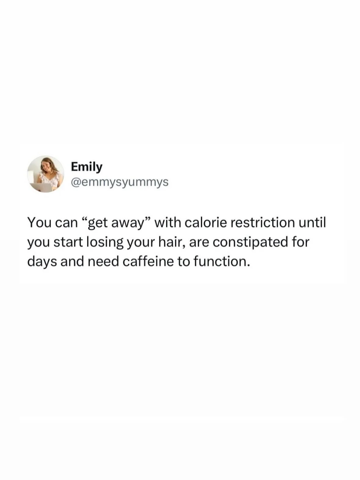 Your body can only handle so much restriction until it can&rsquo;t. 

Then you are left with a host of health problems like👉🏼 a missing period, infertility, chronic GI issues, binge episodes, a slow metabolism, a down-regulated thyroid, hair loss, 