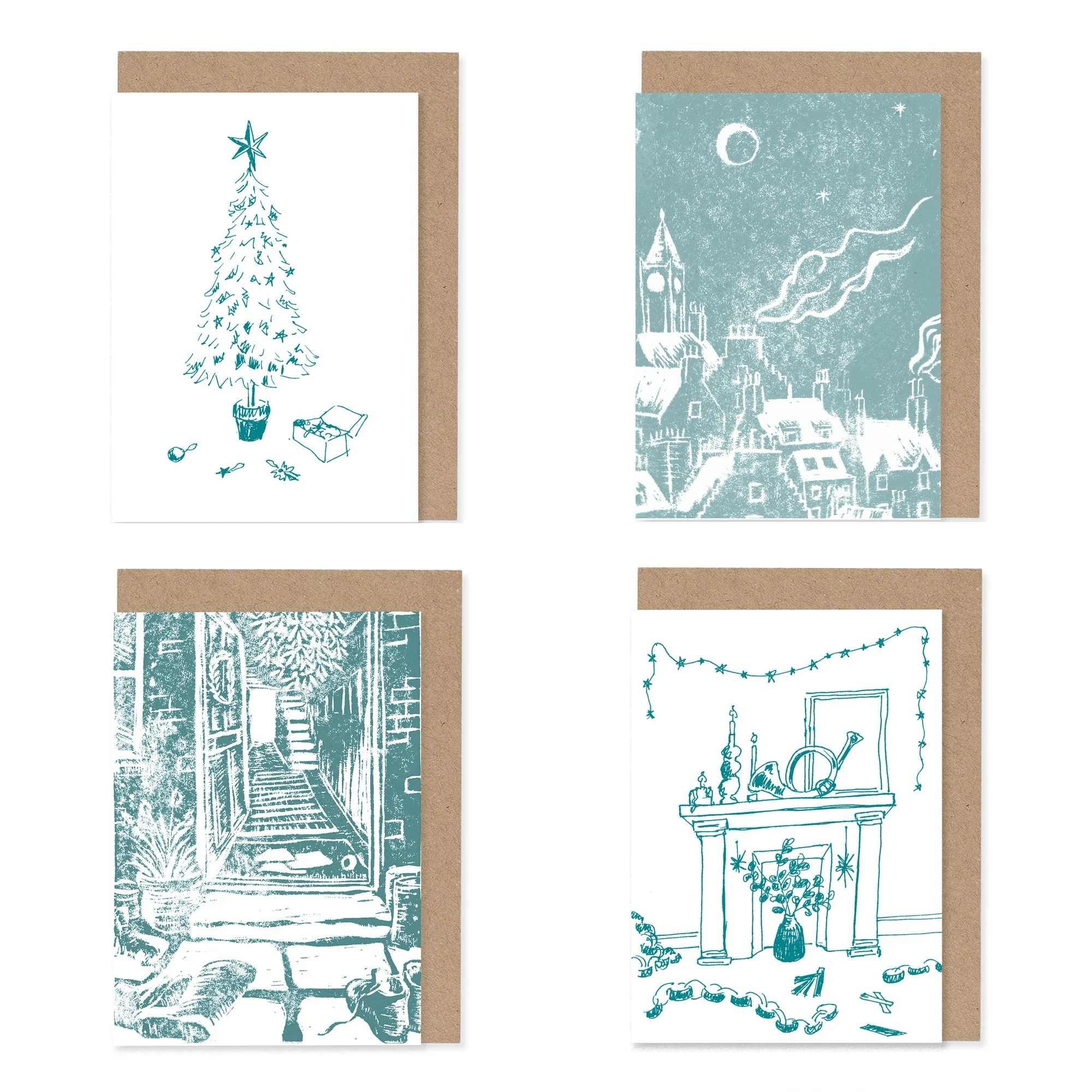 A6 Teal Riso Christmas Cards (4 pack)