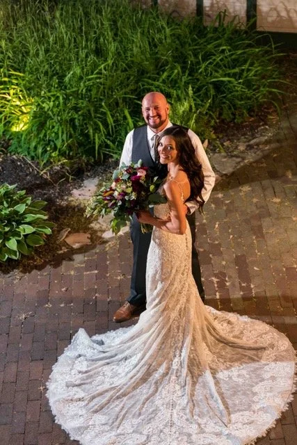 Upstate NY wedding couple looking up together