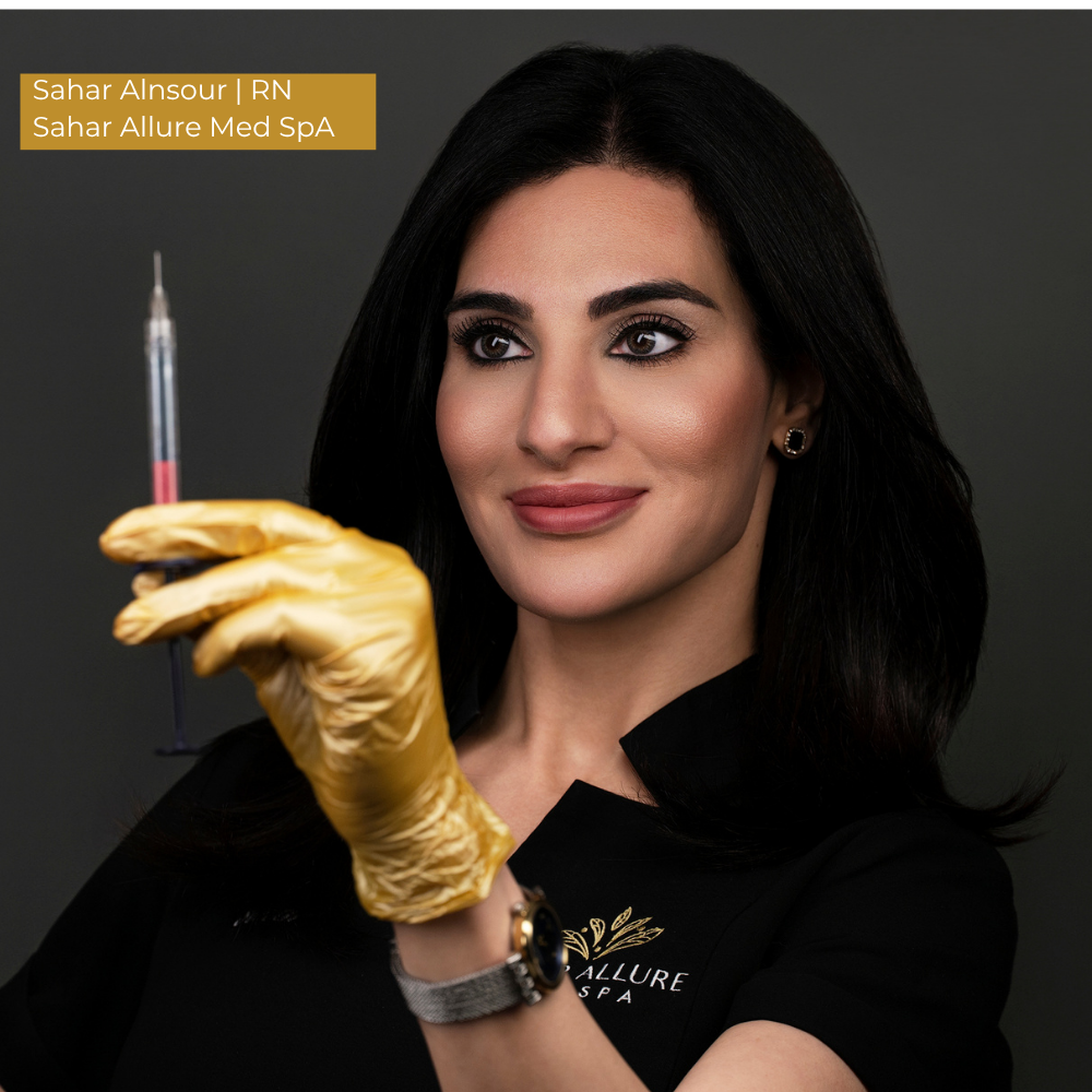 Branding photograph for a med spa: a nurse injector in a black uniform holding a syringe.