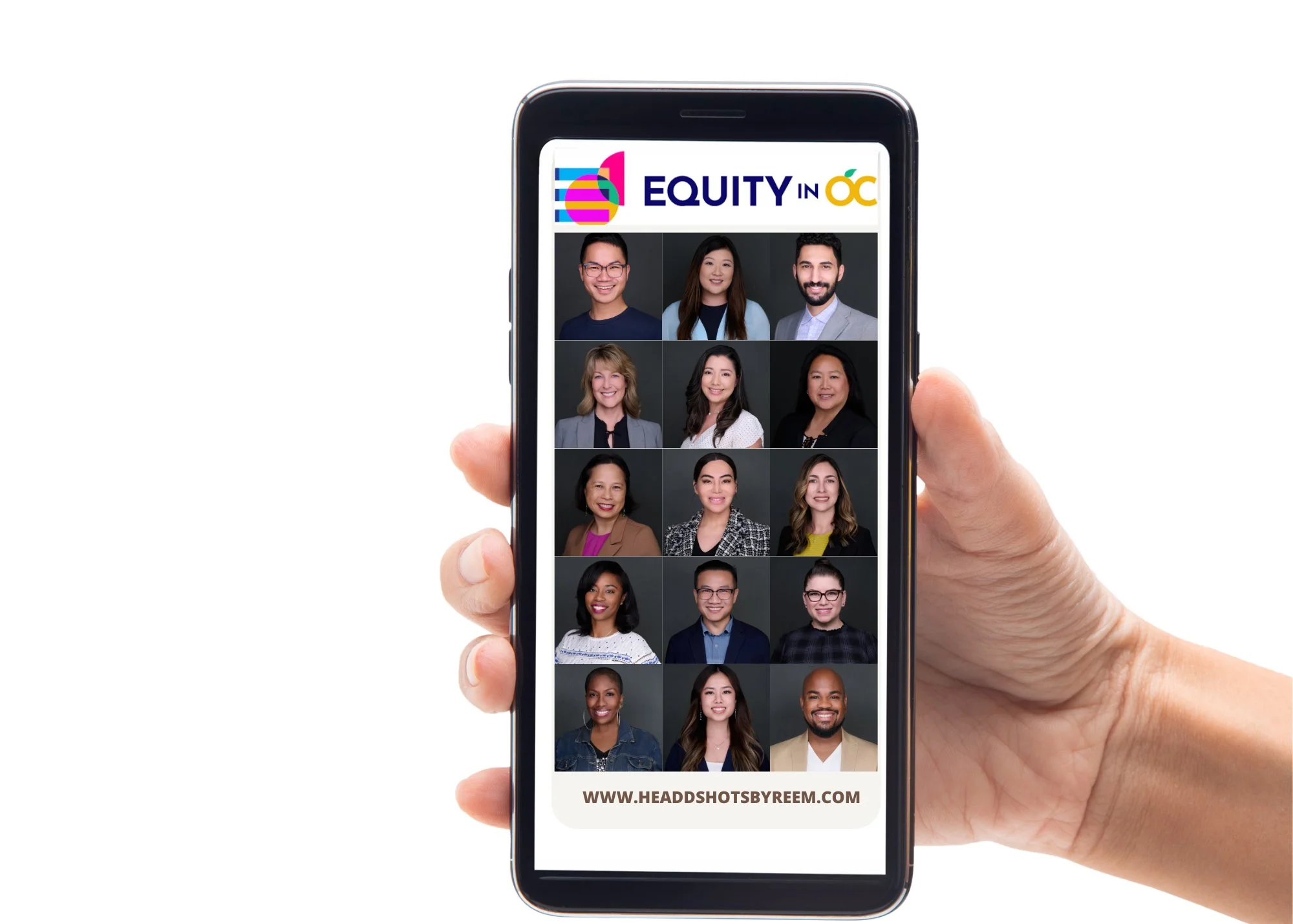 Team headshot grid for Equity in OC shown on a phone — twelve matching corporate headshots on one dark backdrop, Headshots by Reem, Orange County