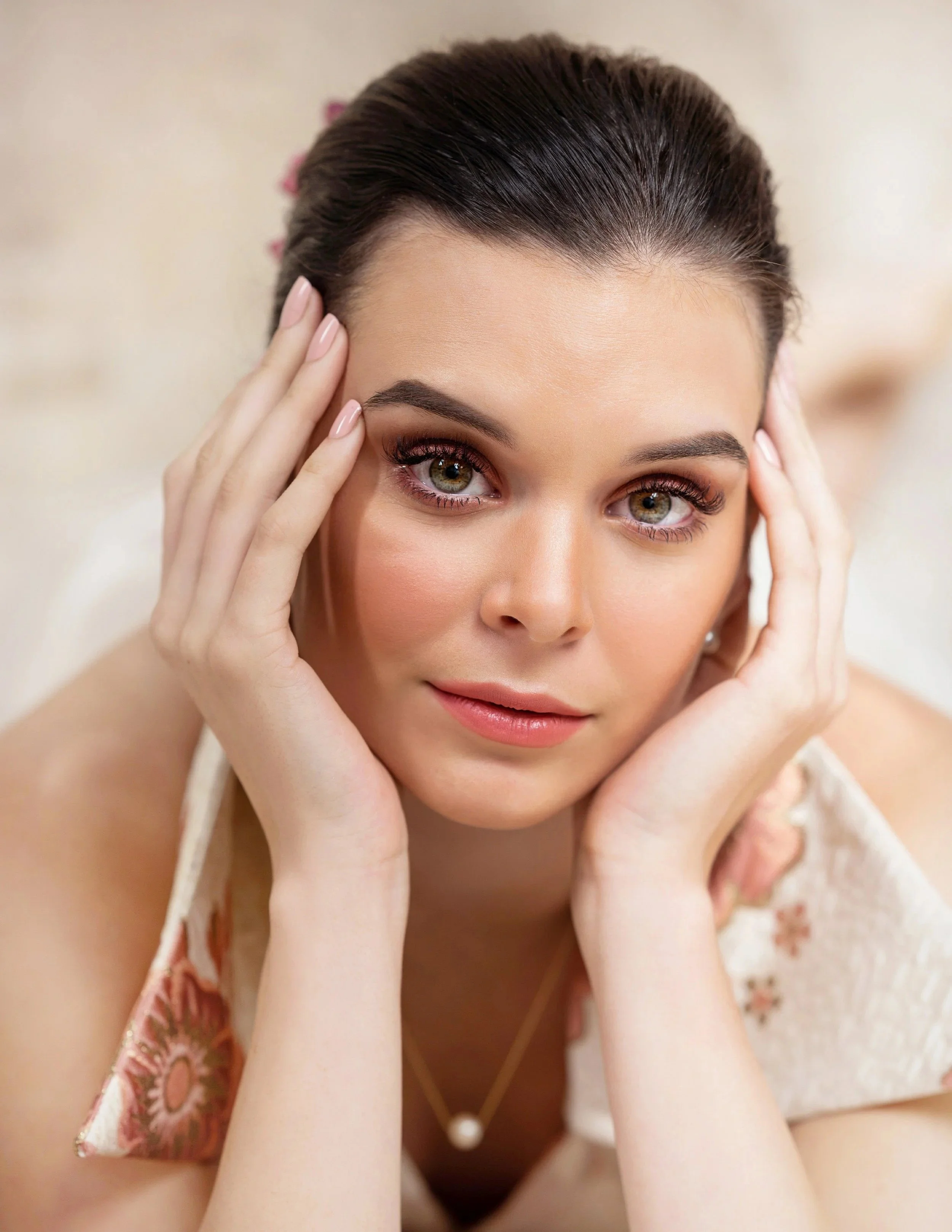 Beauty portrait of a woman framing her face with her hands on a cream background.