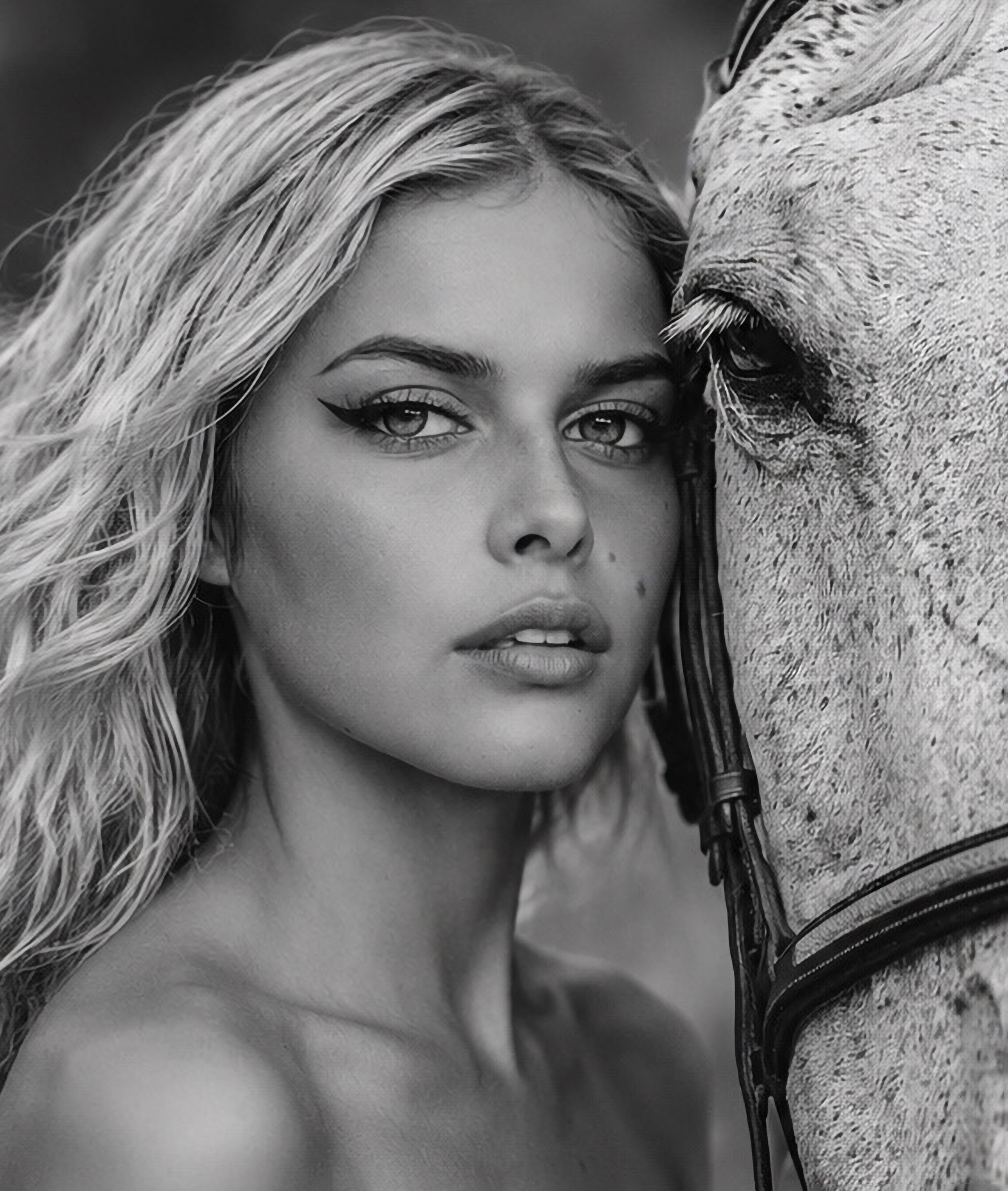 Black and white fashion portrait of a woman standing beside a horse.