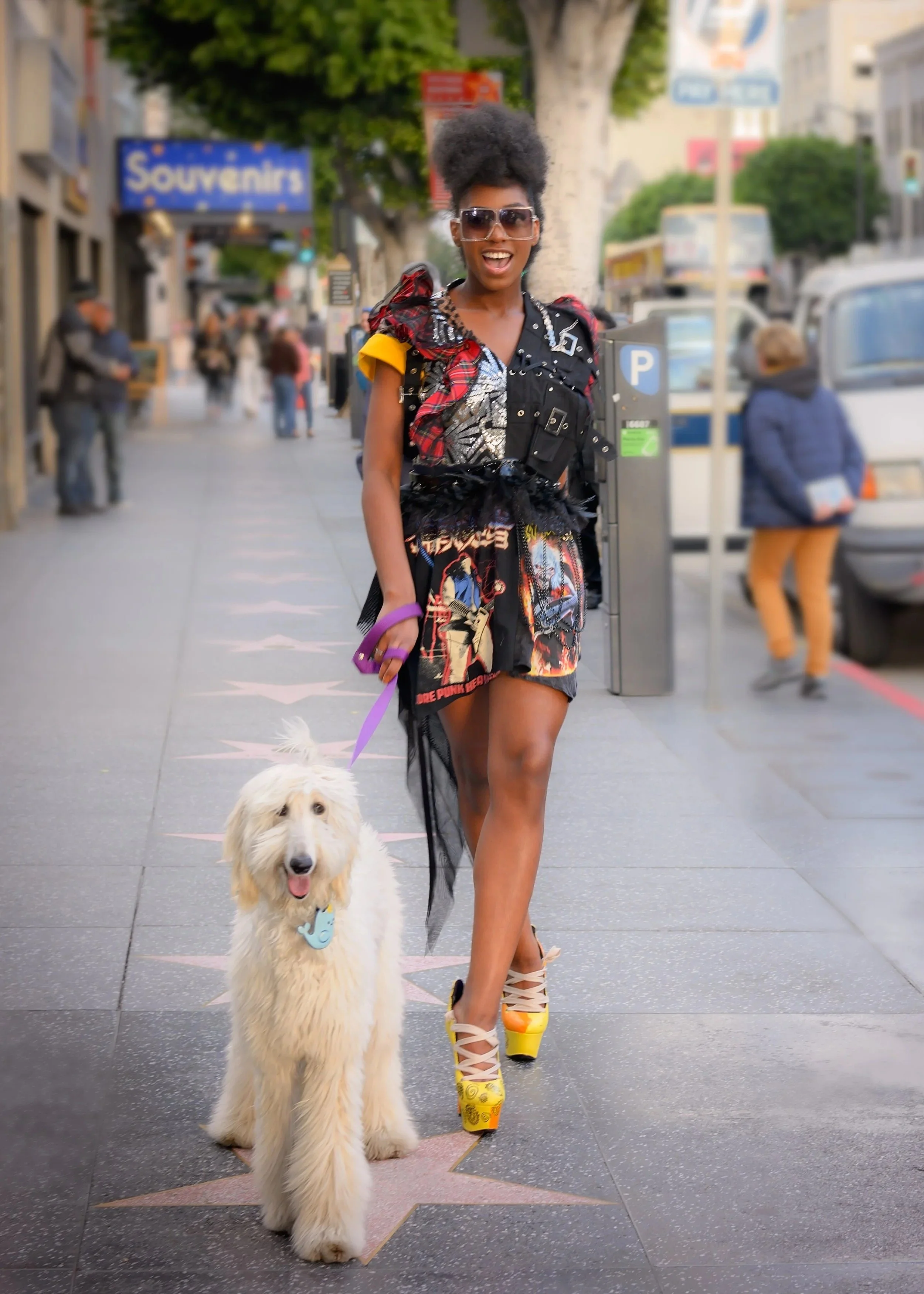 Street portrait of a woman in a printed dress walking a white dog.