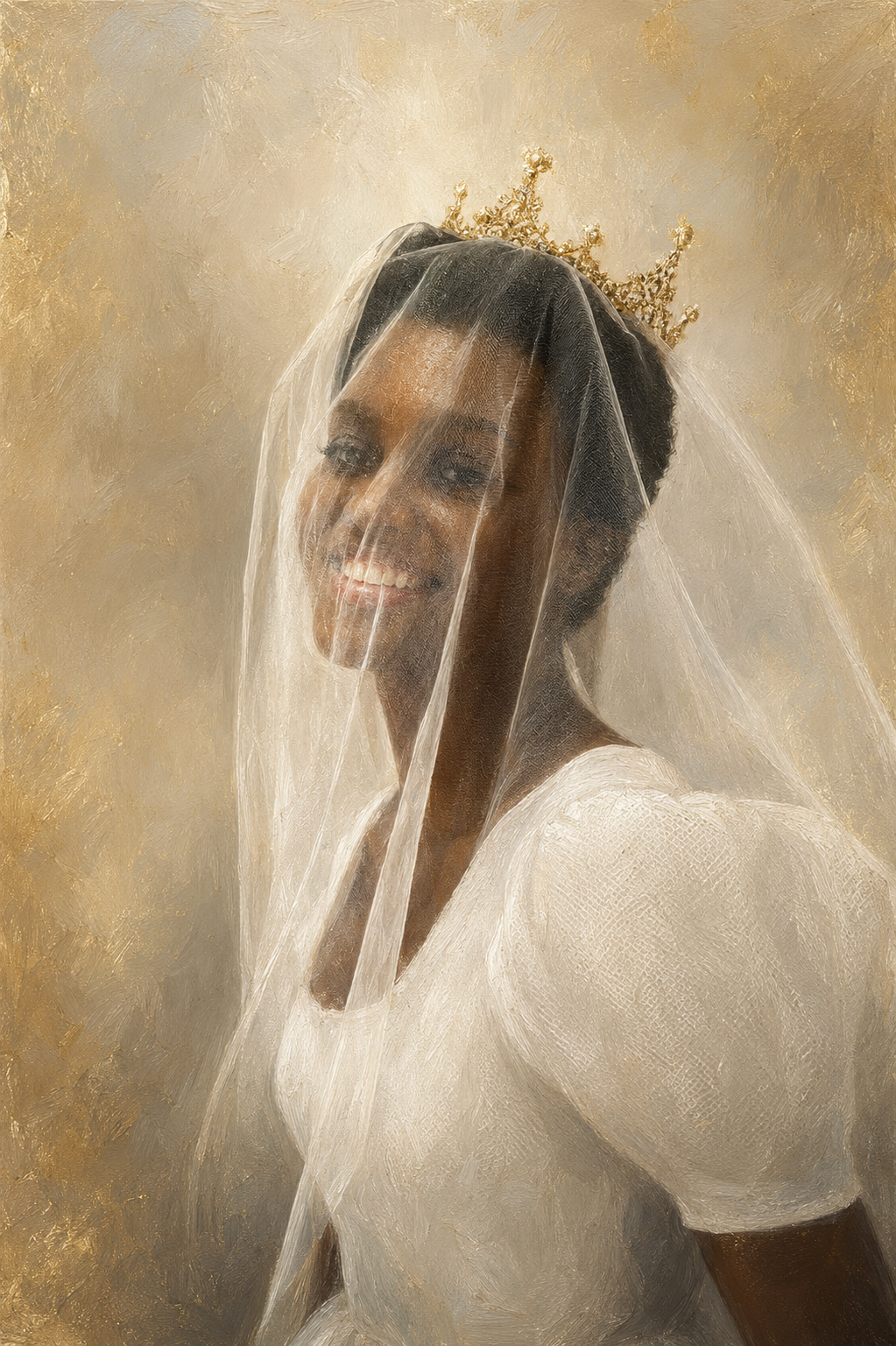 Fine-art portrait of a smiling woman in a sheer veil and gold crown