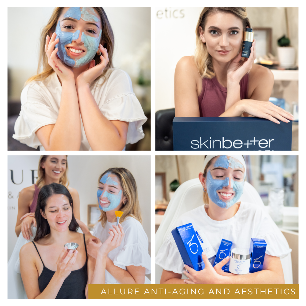 Branding photography for Allure Anti-Aging and Aesthetics: four images of clients in blue clay face masks holding skincare products.