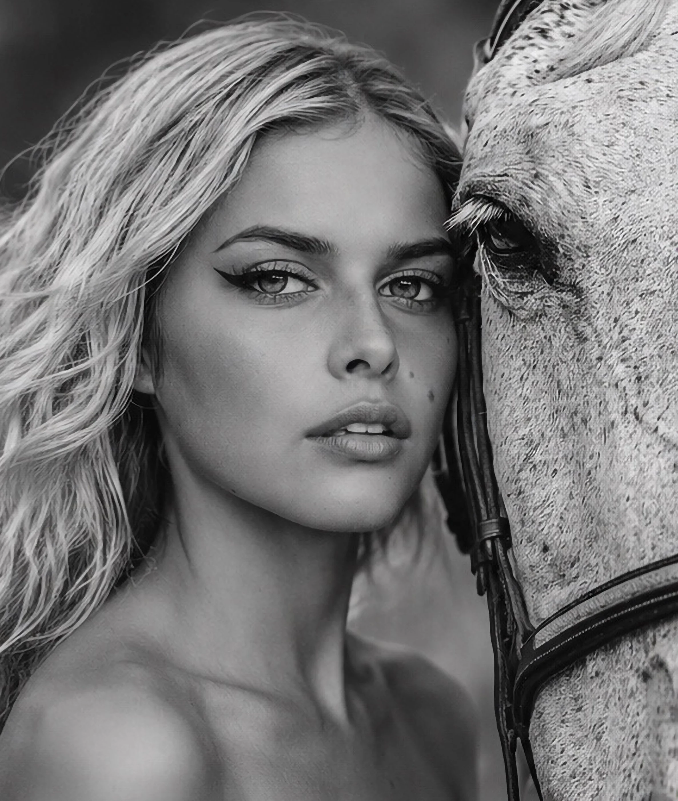 Black-and-white portrait of a woman beside a white horse