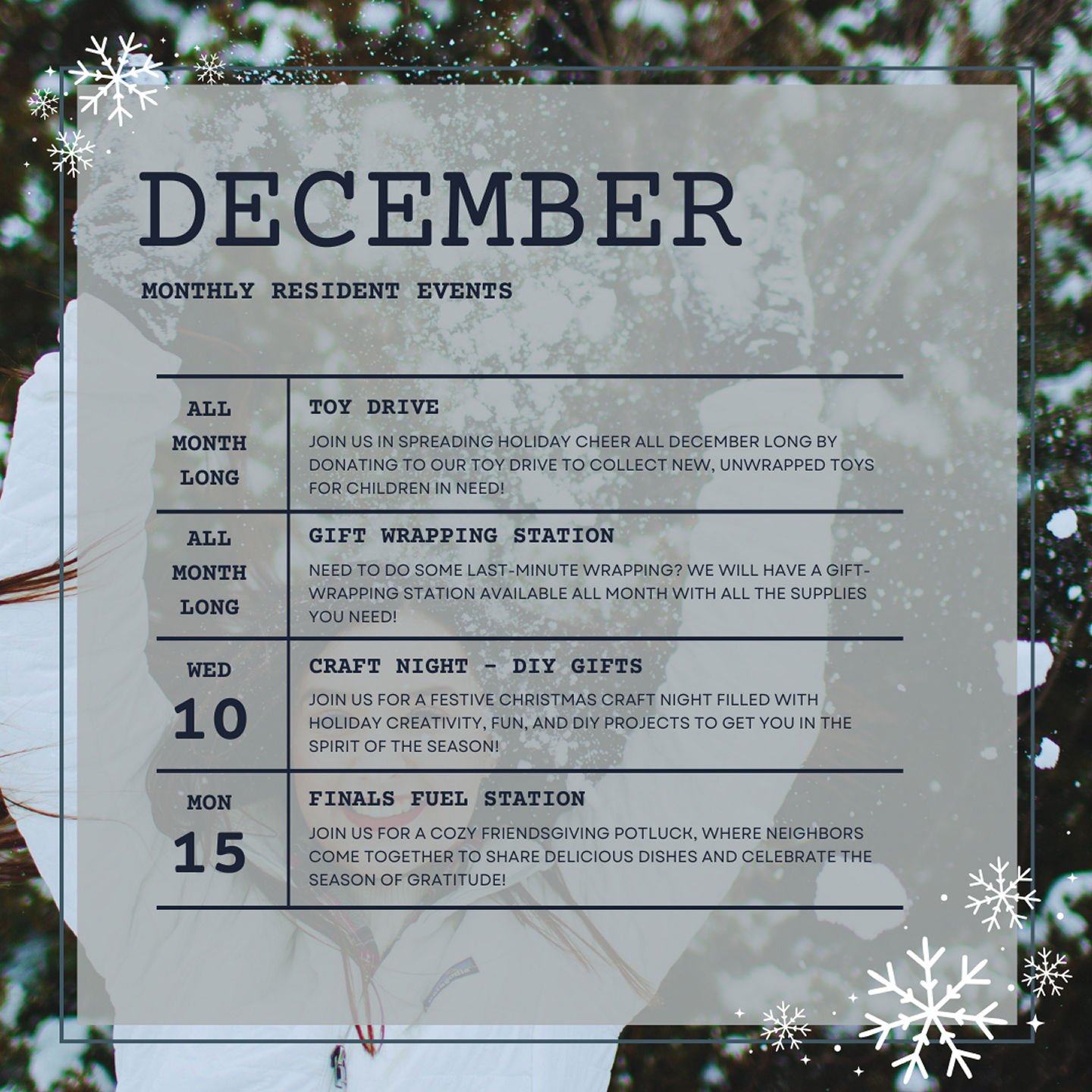December events are officially here! ❄️✨We can&rsquo;t wait to celebrate the season with you. #communityevents #livewhereyoulove #studentliving