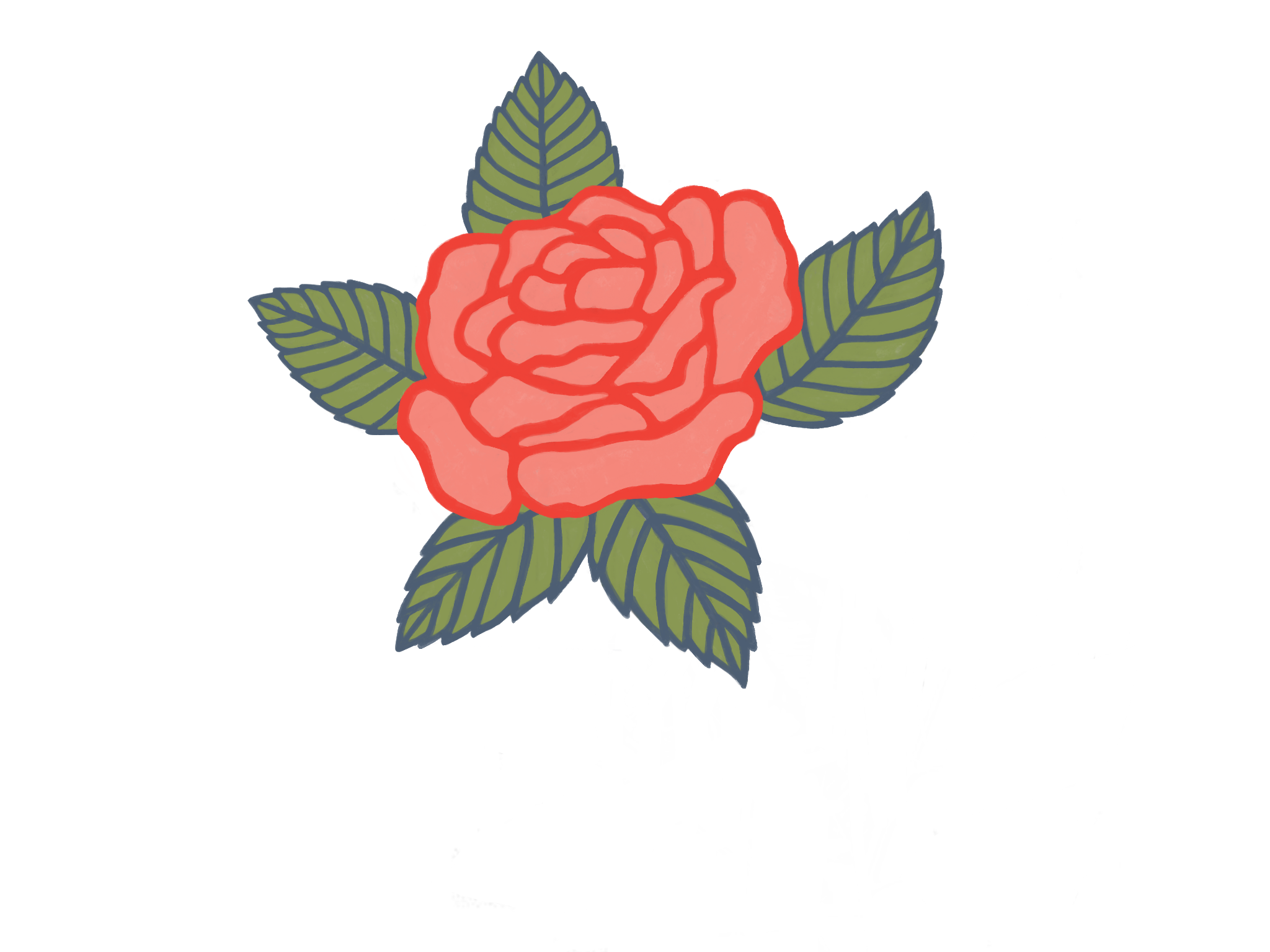 Illustration of a red rose with five green leaves.