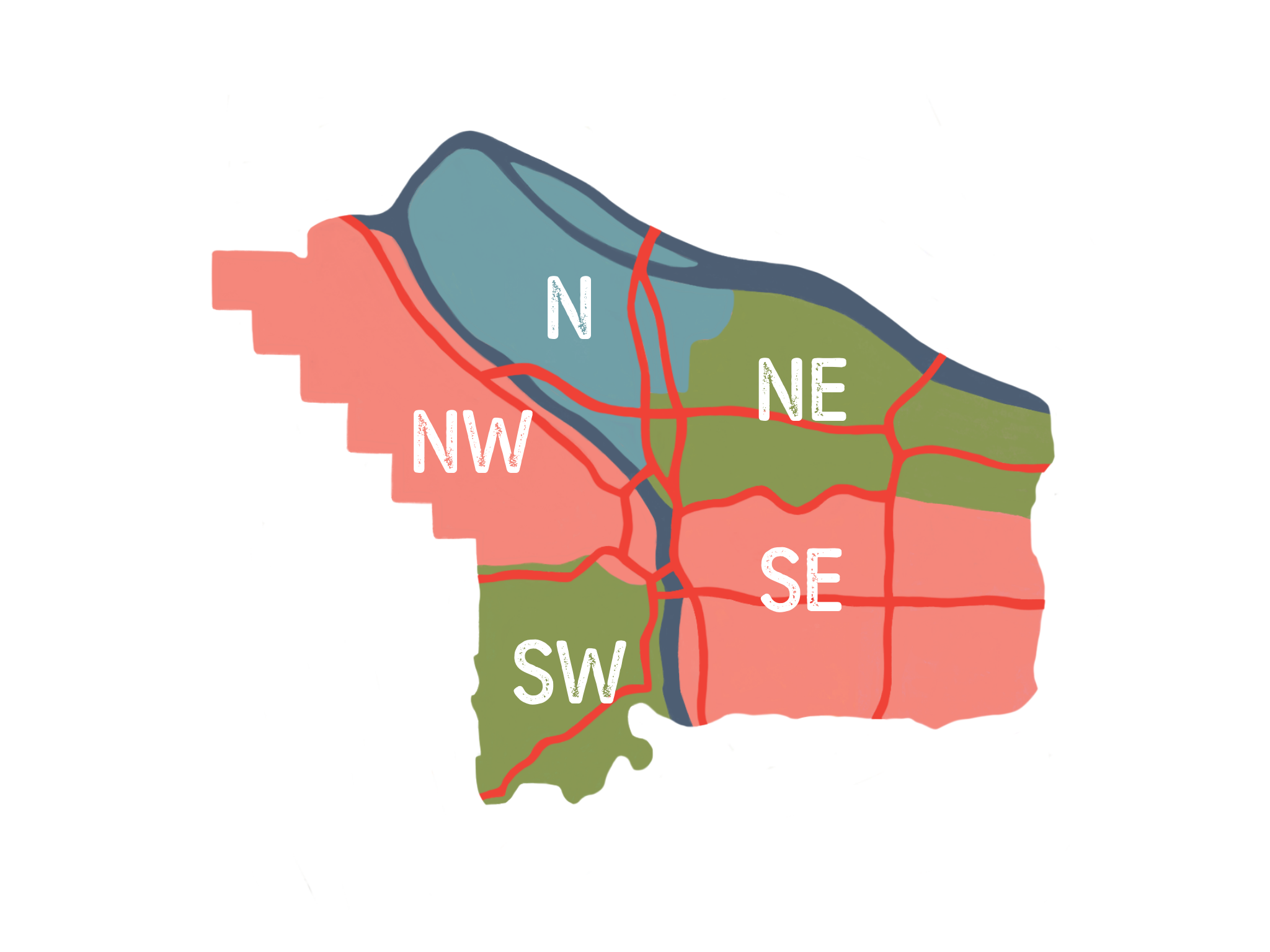 Illustrated map divided into five regions labeled NW, SW, N, NE, and SE with colored sections and red lines.