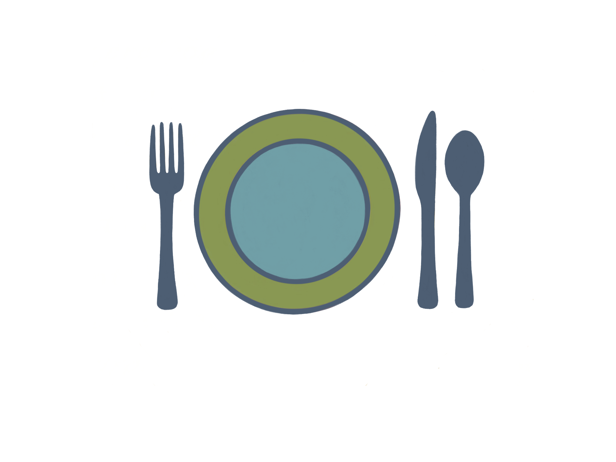 Illustration of a dining plate with a fork on the left, and a knife and spoon on the right.