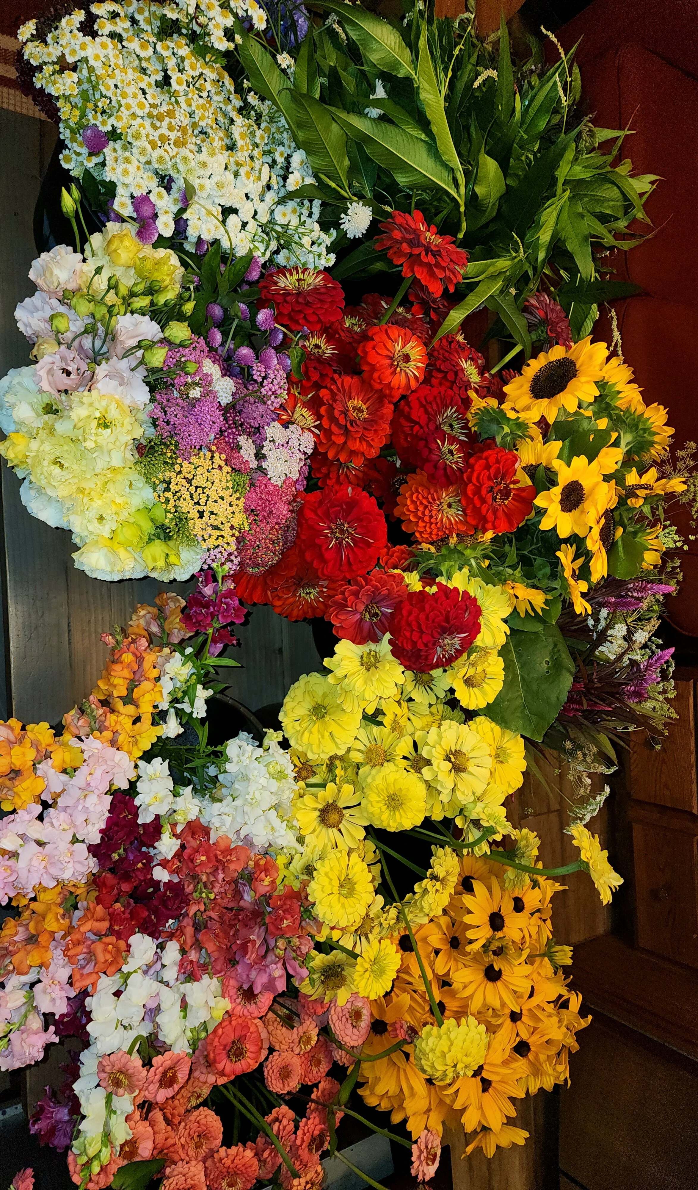Colorful assortment of fresh flowers, including sunflowers, zinnias, and other seasonal blooms, arranged on a wooden surface.