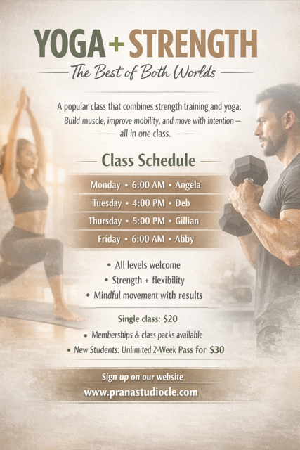 A poster advertising yoga and strength classes, including schedule details and pricing, featuring images of people exercising.