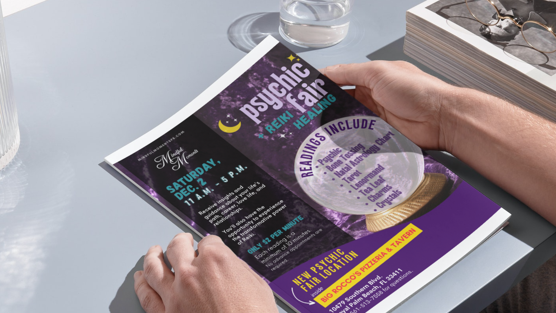 A flyer made for Mindful Moments Psychic Fair and Reiki Events.