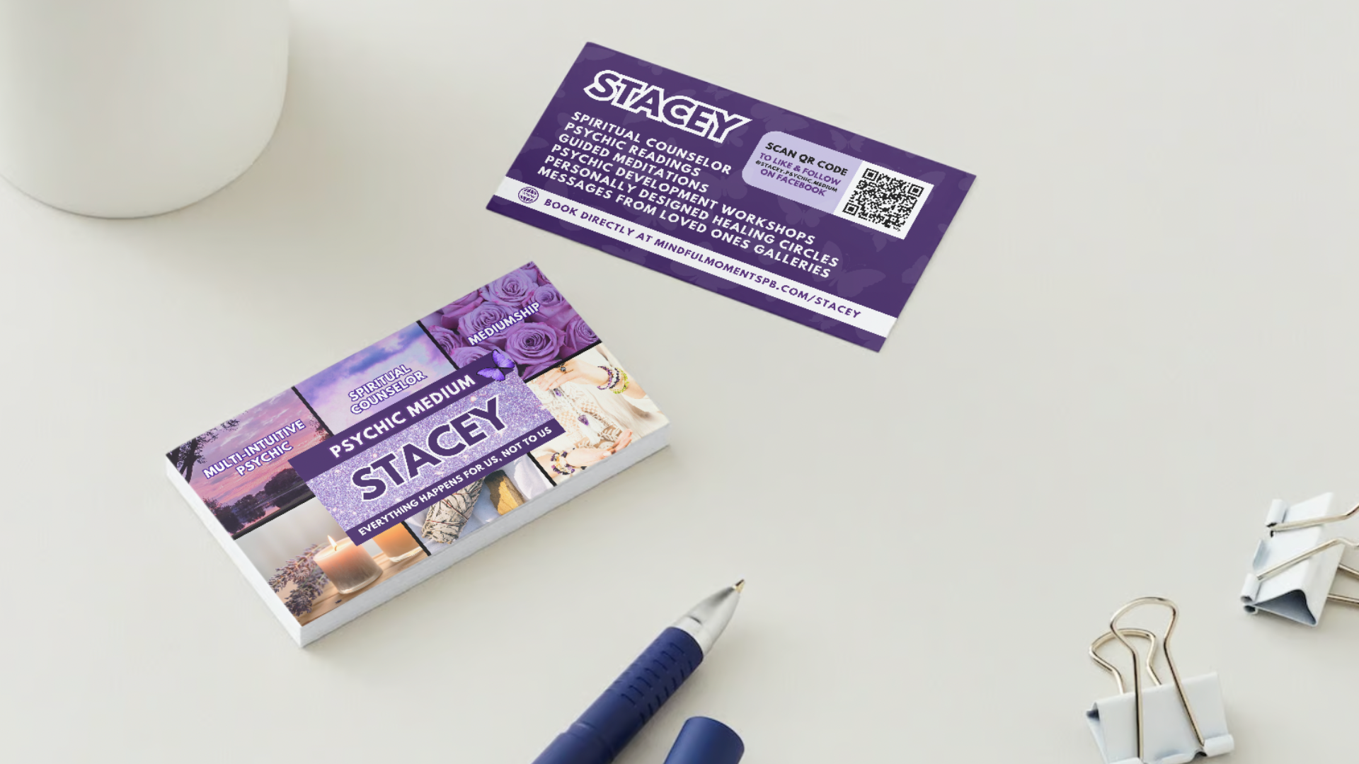 Business Cards for Psychic Medium Stacey, front and back.