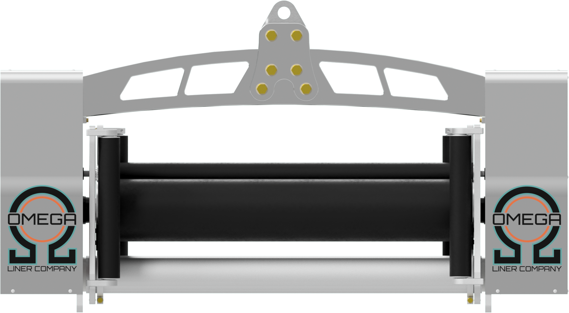 Front view of a 36"  custom feed roller manufactured by Omega UV Liner Company for the installation of UV CIPP Liners in difficult terrain. Aluminum with two Omega logo decals