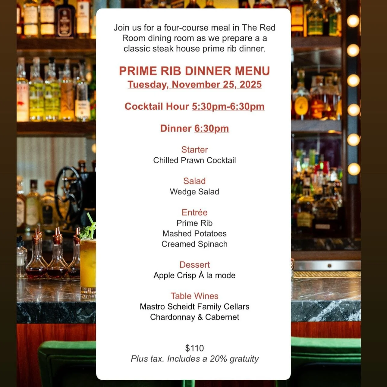 A few tickets left for our prime rib dinner next week! Follow the link in our bio to get yours! 

❗️THIS WEEK&rsquo;S HOURS: We will be open Saturday from 5p-12a. We will be CLOSED Wednesday, Thursday &amp; Friday, for private events!

Be sure to che