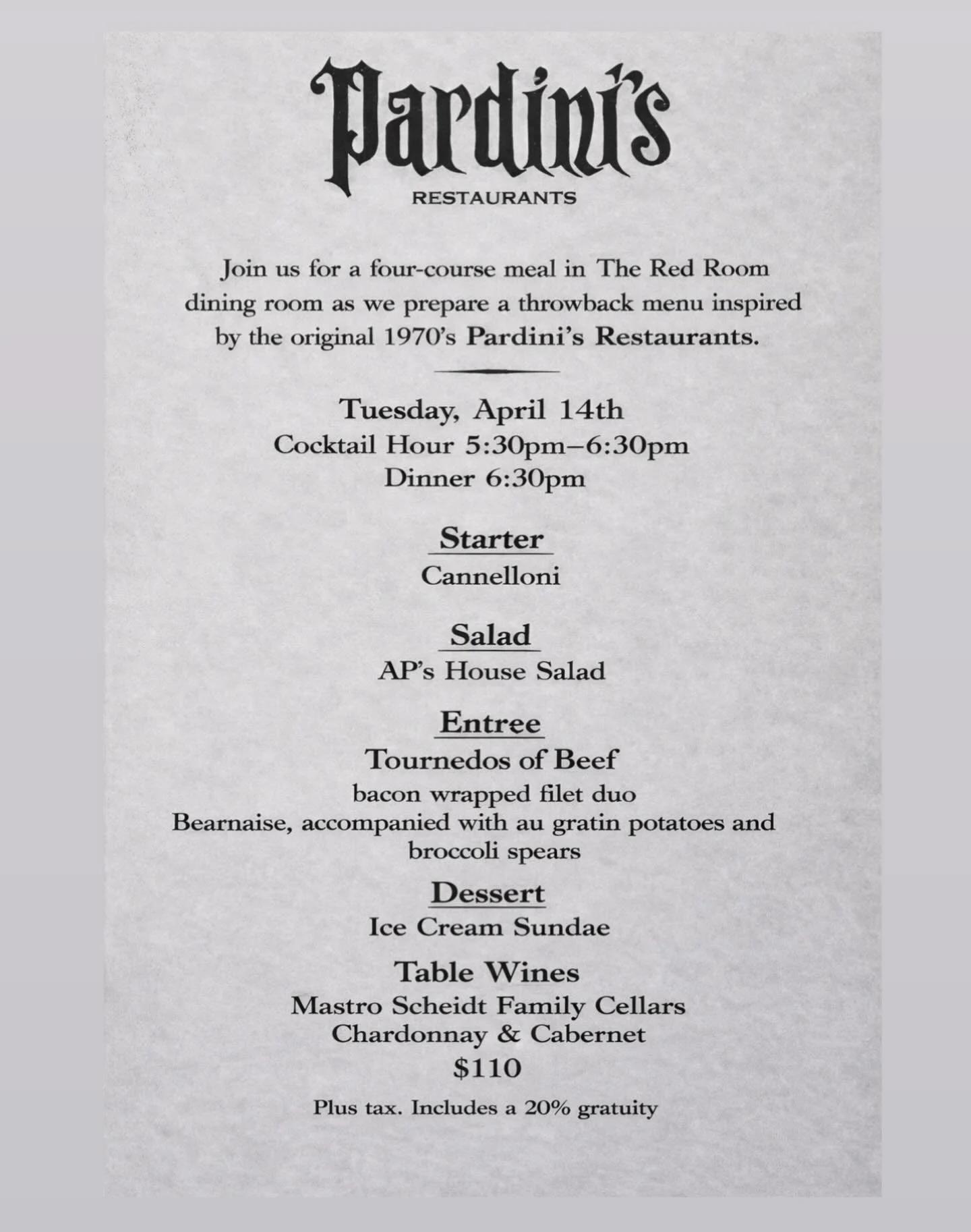 Step back in time with us ✨ 

Join us for a special four-course dinner inspired by the original 1970s Pardini&rsquo;s. From classic flavors to timeless cocktails, you won&rsquo;t want to miss it! 

Seats are limited&mdash;get your ticket now! Follow 