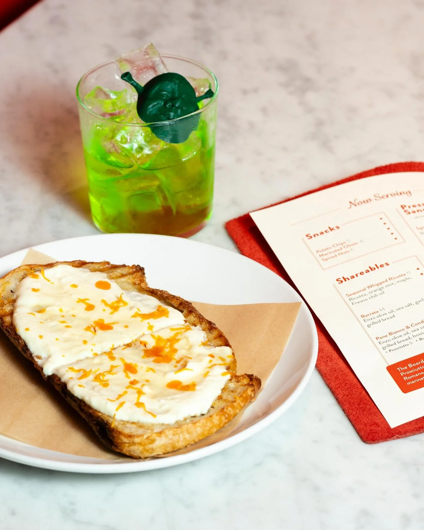 🍞 Seasonal Whipped Ricotta
&mdash; Ricotta, orange zest, maple, Fresno chili oil 
🍸 Get Outta My Swamp 
&mdash; Gin, melon, pandan, lime oil

‼️ OPENING LATE TODAY, AT 7P

Be sure to check our website calendar weekly for closures due to private eve