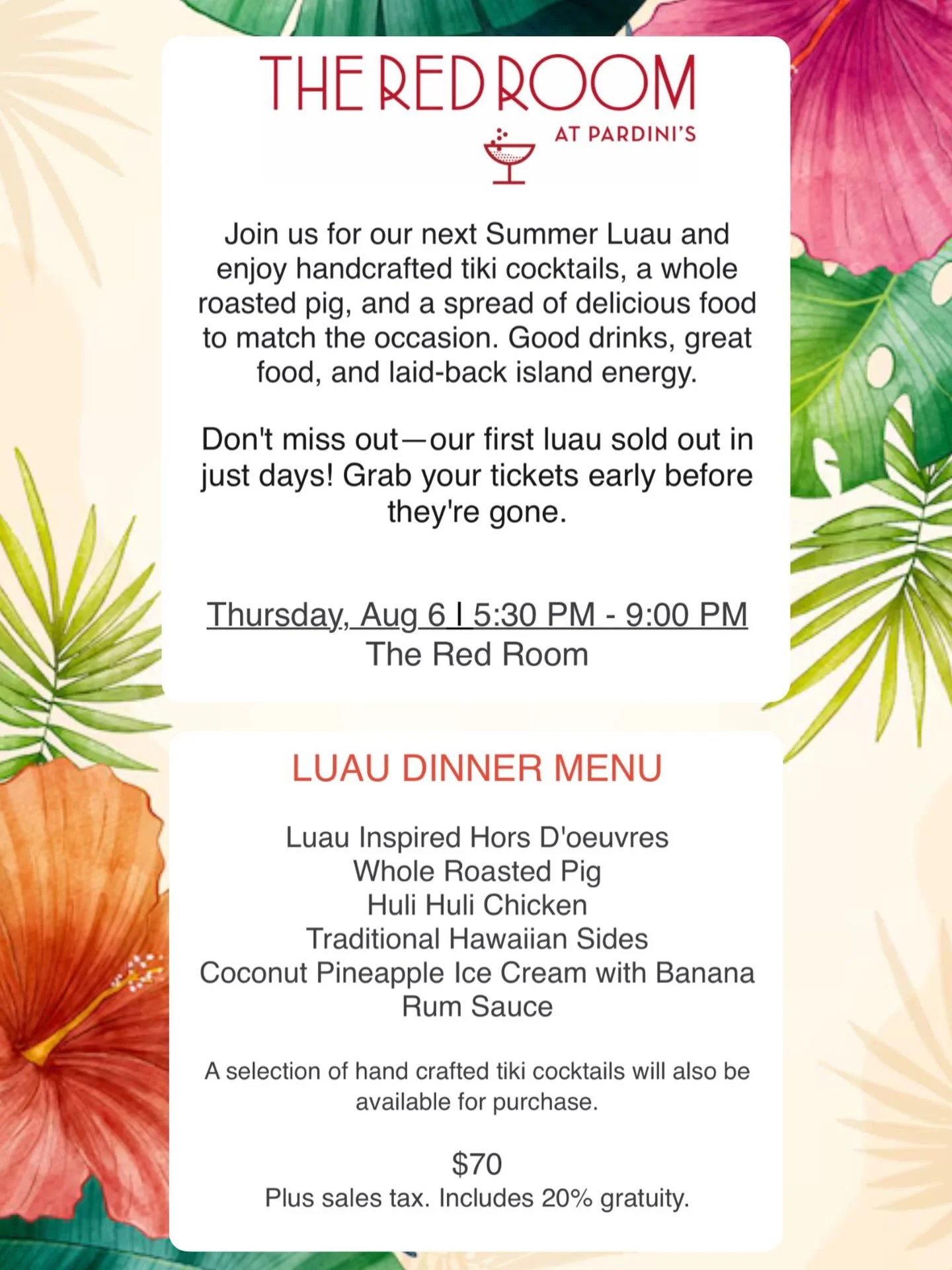 ‼️ TICKETS ON SALE NOW ‼️ Follow the link in our bio to snag yours - they&rsquo;ll go fast 🍹🌴🌺

Be sure to check our website for closures due to private events! 

#redroomfresno #craftcocktailbar #luauparty