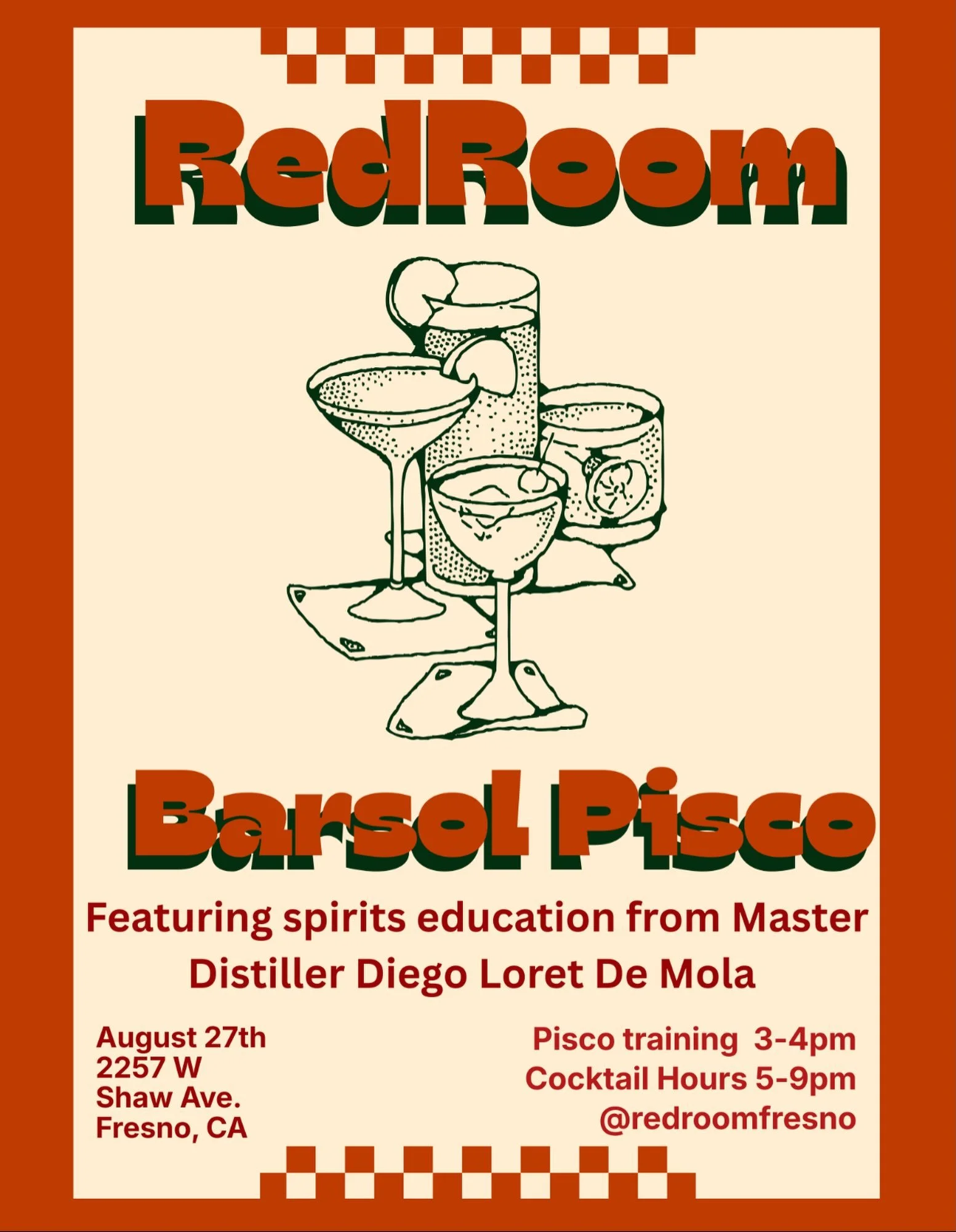 🍹 PISCO NIGHT IS COMING TO THE RED ROOM! 🇵🇪

Join us Thursday, August 27th for an evening celebrating the spirit of Pisco!

We&rsquo;ll be featuring Pisco education from Master Distiller Diego Loret De Mola, including a special Pisco Training from