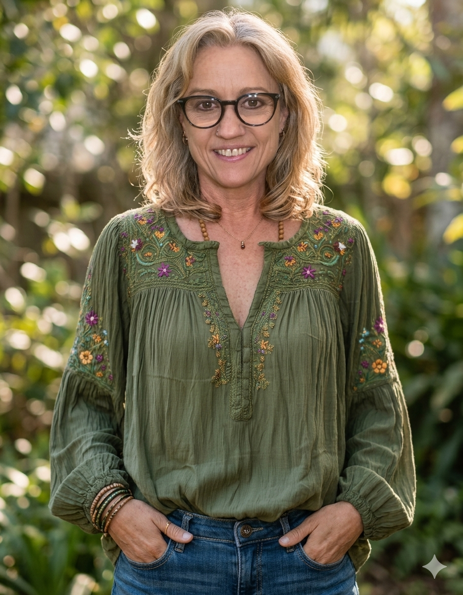 A woman with shoulder-length blonde hair, glasses, and a nose ring smiling outdoors with a blurred green, leafy background.