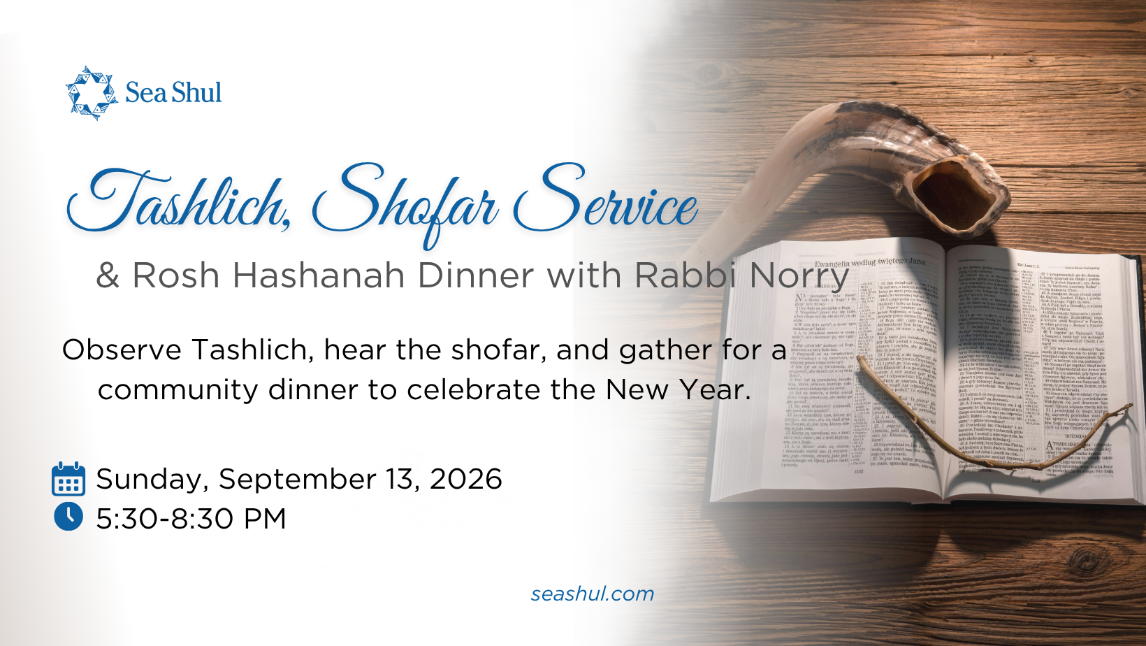 Tashlich, Shofar Service &amp; Rosh Hashanah Dinner with Rabbi Norry