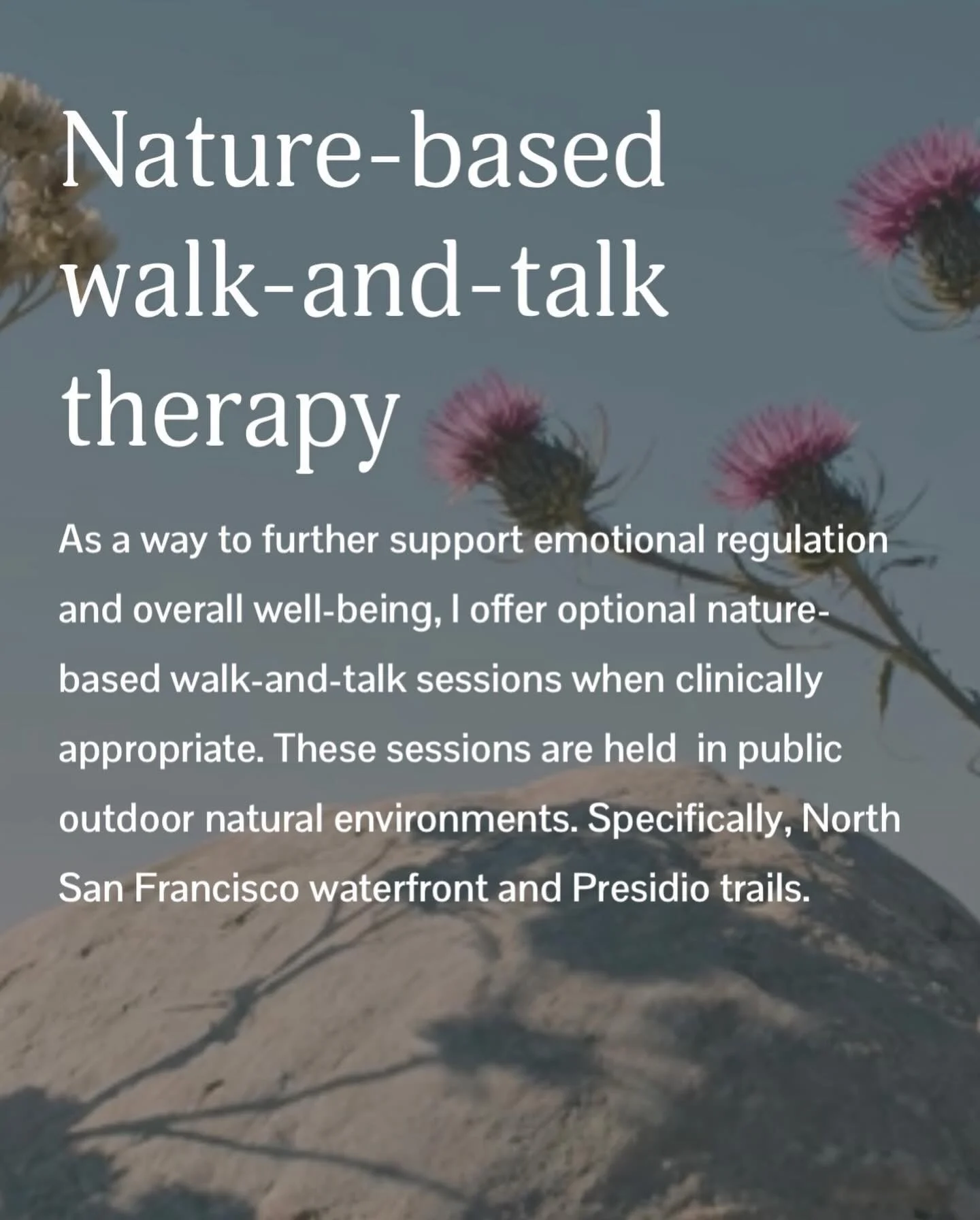 Happy Earth Day 🌎 A reminder that some times therapy feels better in nature 🪵🌿

#naturetherapy #walkandtalktherapy #outdoortherapy #earthday #sanfranciscotherapist