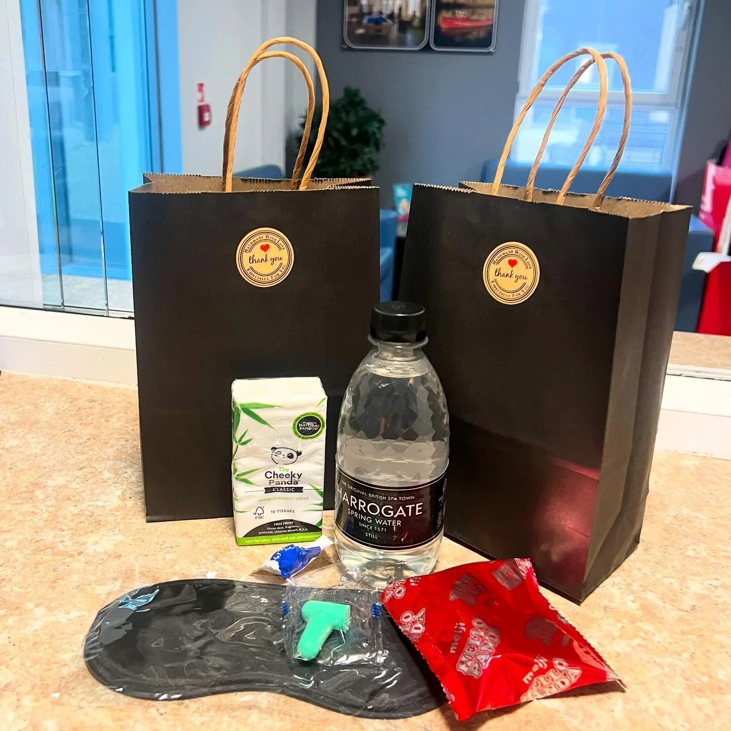 Are you checking out soon? βοΈ 
Make sure to pick up one of our check out bags before you leave, with some travel essentials and snacks for your journey π
We wish you all good luck for the future! π π§‍π