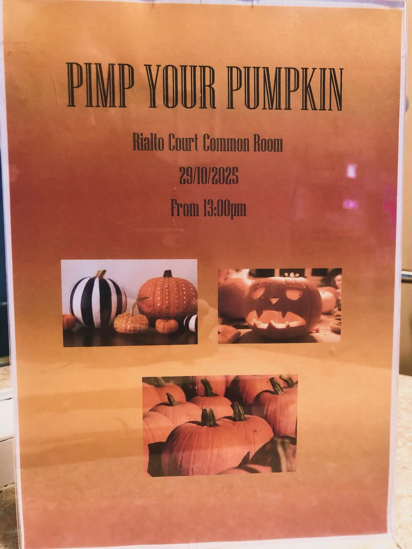 Come join us in the common room on the 29.10.25 from 13:00pm for pumpkin carving and decorating We hope to see you there!ππ»π§‍βοΈππ