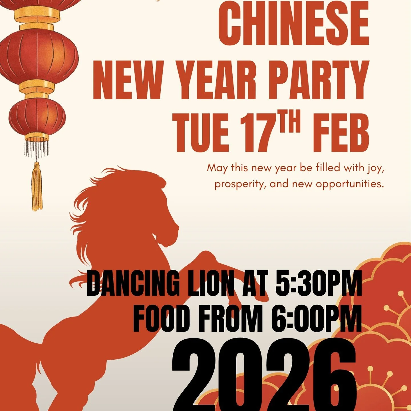 Join us next Tuesday in the common room from 5:30pm to celebrate the Chinese Year of the Horse. All tenants from both Rialto Court and Infinity House are welcome.