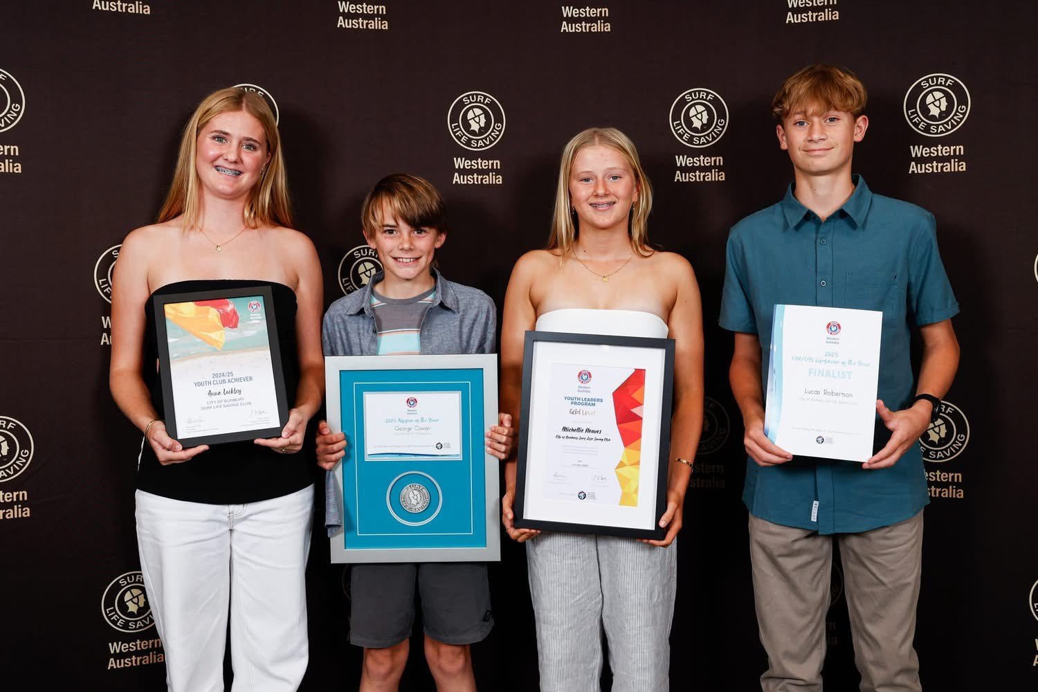 Anna Lockley - SLSWA Finalist Youth Club Achiever, George Cowan - SLSWA Woodside Nipper of The Year, Michellie Neaves - SLSWA Youth Leader Program Gold Level Achievement, Lucas Robertson - SLSWA Finalist Junior Lifesaver of the Year 
(From right to l
