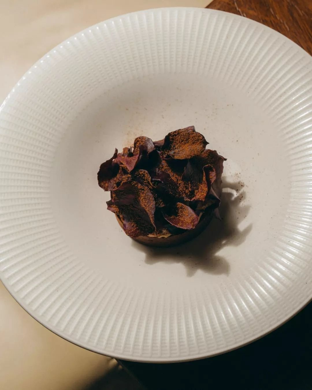 Whipped chicken liver parfait tart, topped with pear chutney and cocoa. Simple, rich, and just the way we like it.