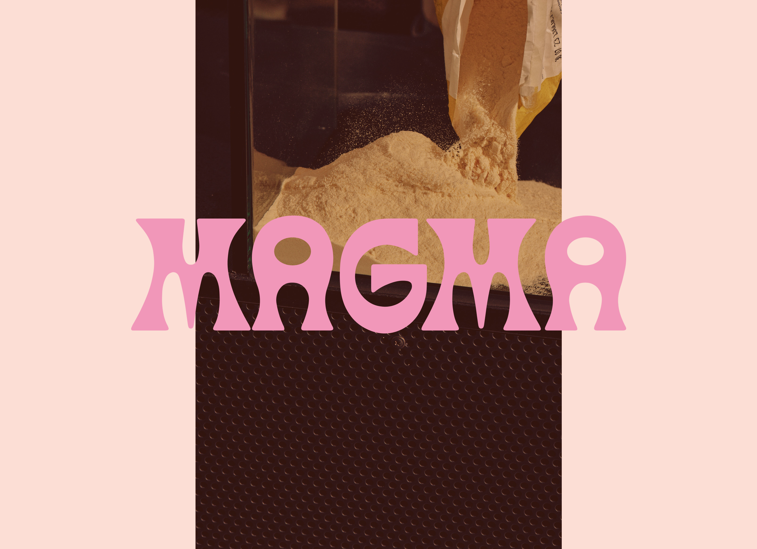 A close-up image of a container with flour being poured out onto a textured black surface with pink text overlay that reads "Magma"
